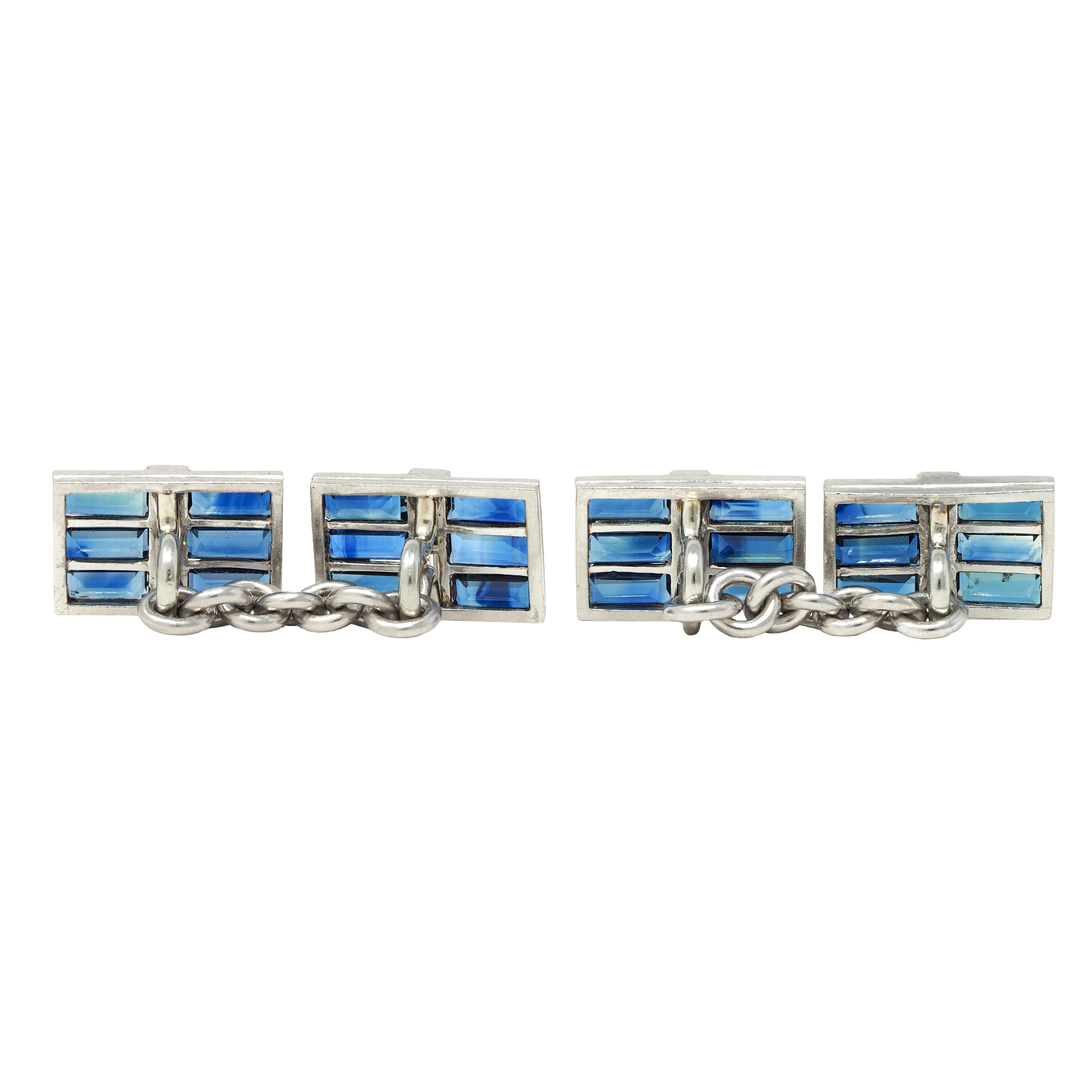 Art Deco 5.44 CTW Sapphire Diamond 14 Karat White Gold Vintage Cufflinks - Image 3