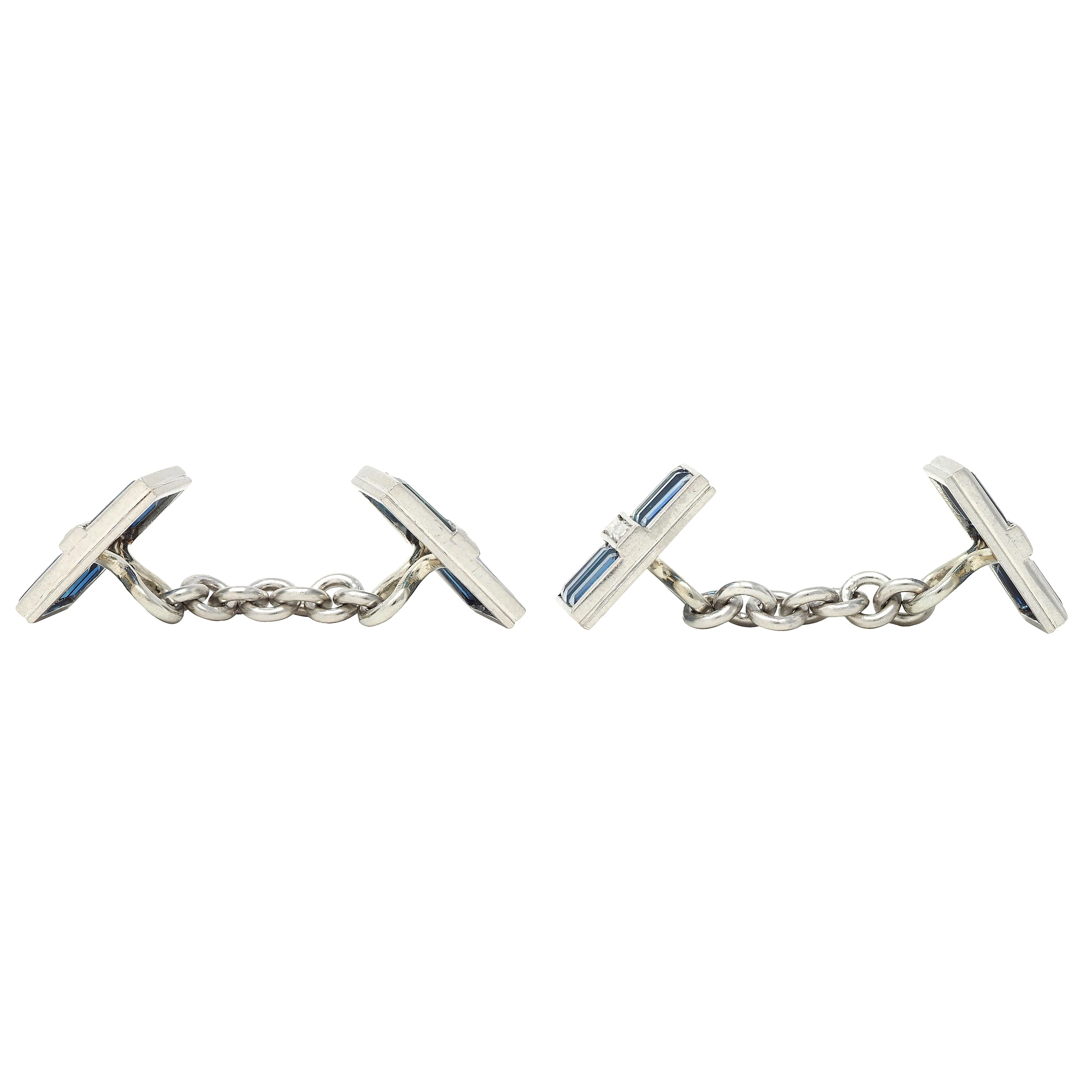 Art Deco 5.44 CTW Sapphire Diamond 14 Karat White Gold Vintage Cufflinks - Image 4
