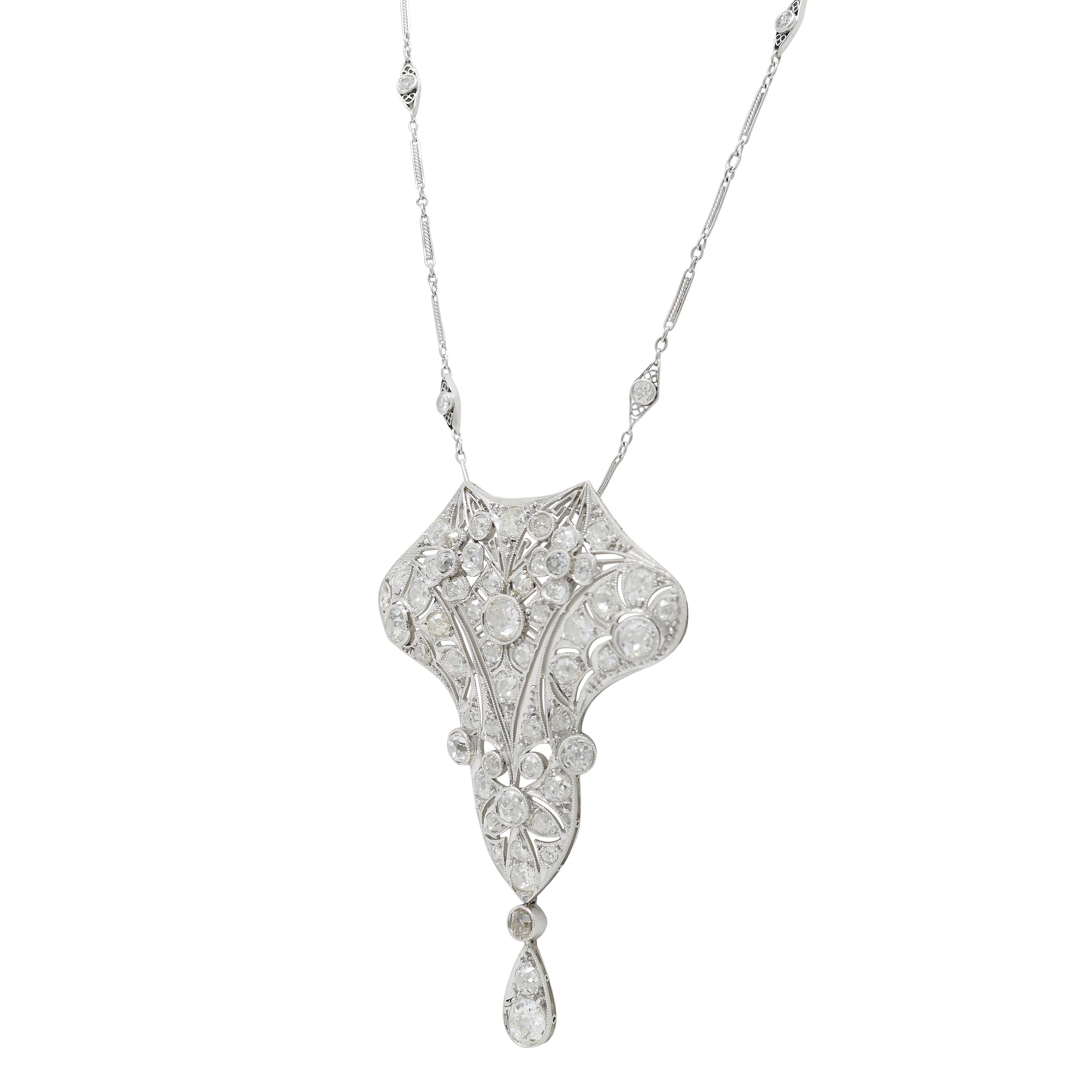 Art Deco 6.40 CTW Old Mine European Cut Diamond Platinum Vintage Floral Lavalier Pendant Necklace - Image 7