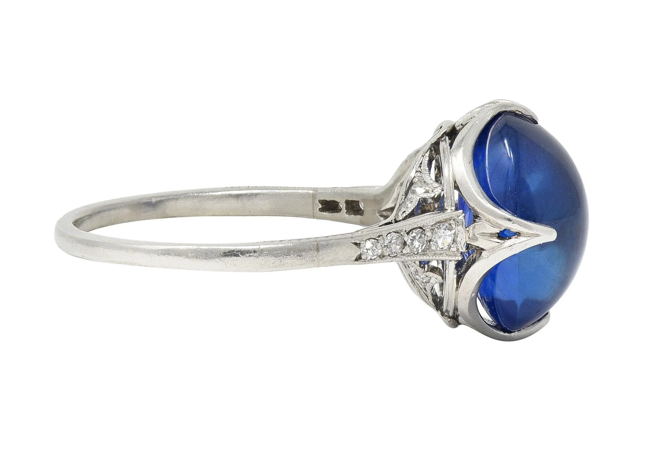 Art Deco 7.25 CTW No Heat Ceylon Sapphire Cabochon Diamond Platinum Ribbon Antique Ring AGL - Image 4