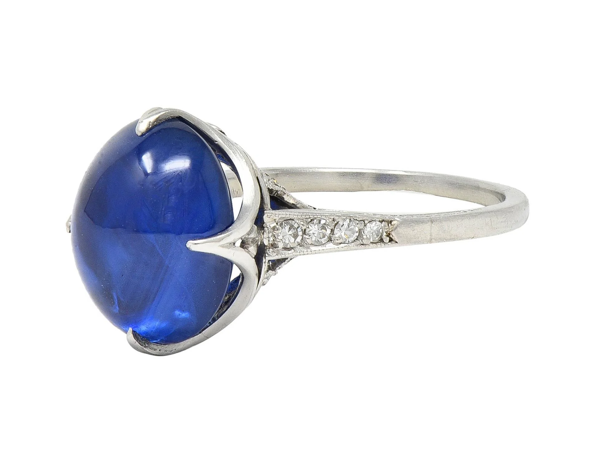 Art Deco 7.25 CTW No Heat Ceylon Sapphire Cabochon Diamond Platinum Ribbon Antique Ring AGL - Image 7