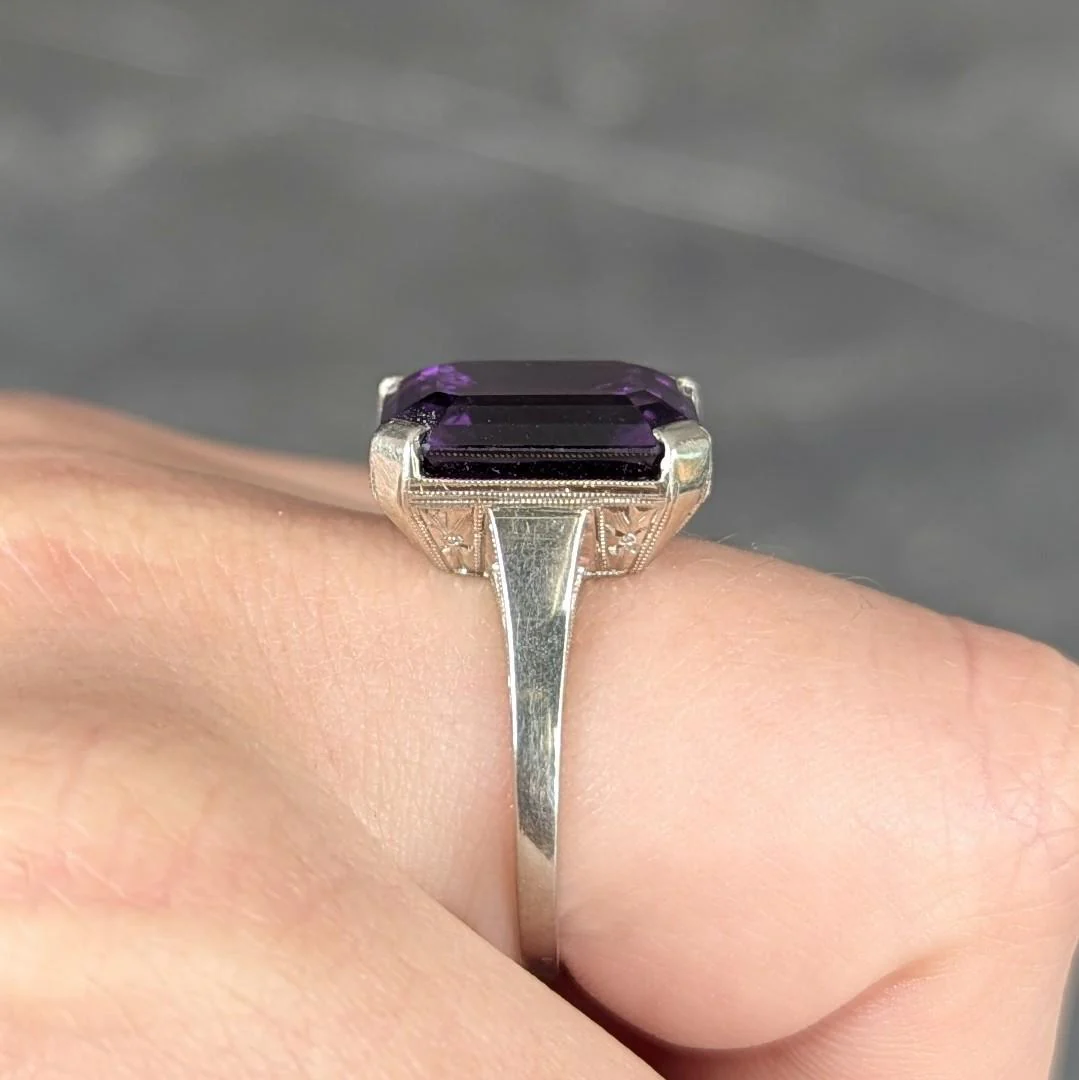 Art Deco 9.34 CTW Amethyst 18 Karat White Gold Vintage Wheat Cocktail Ring - Image 10