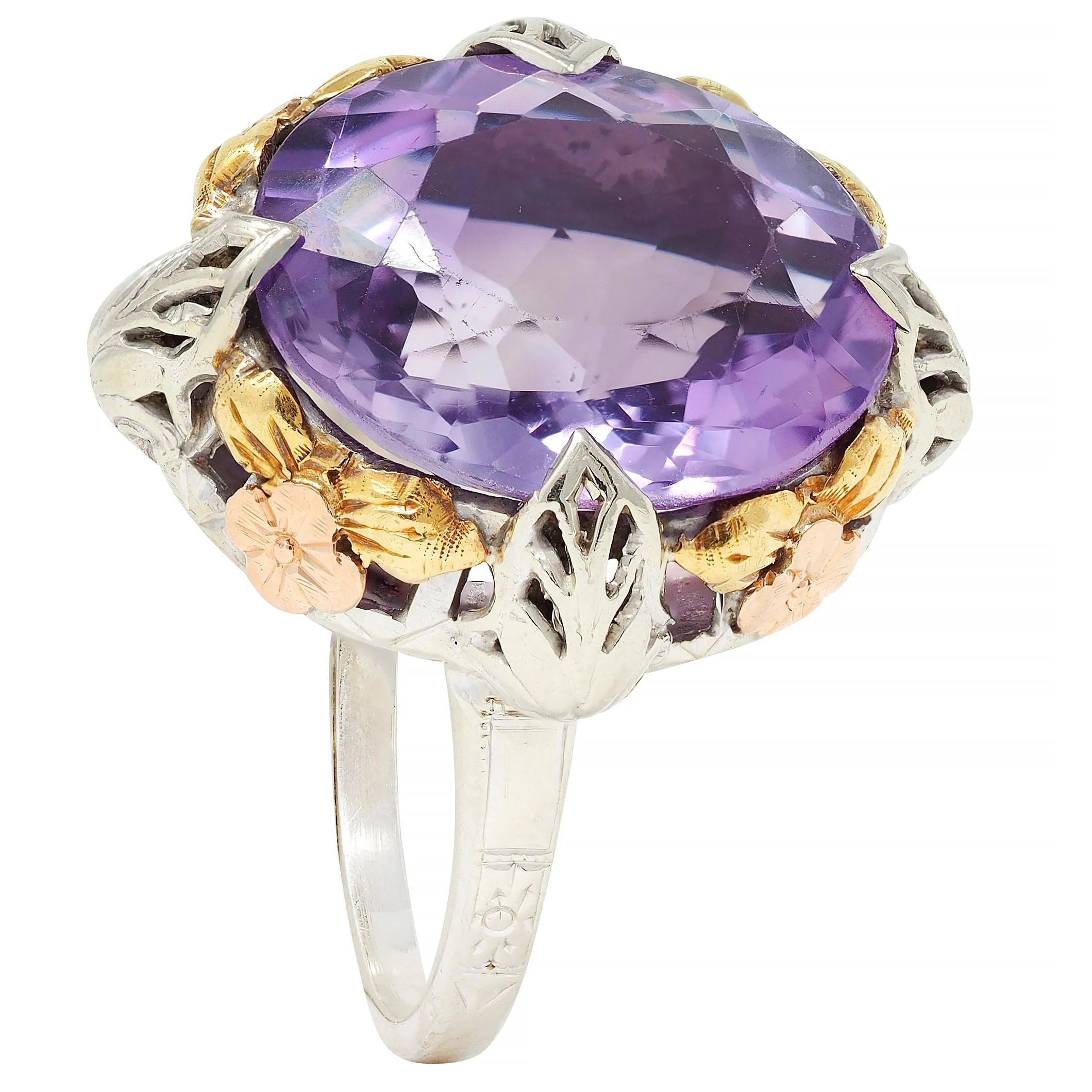 Art Deco Amethyst 14 Karat Tri-Gold Vintage Orange Blossom Cocktail Ring - Image 11