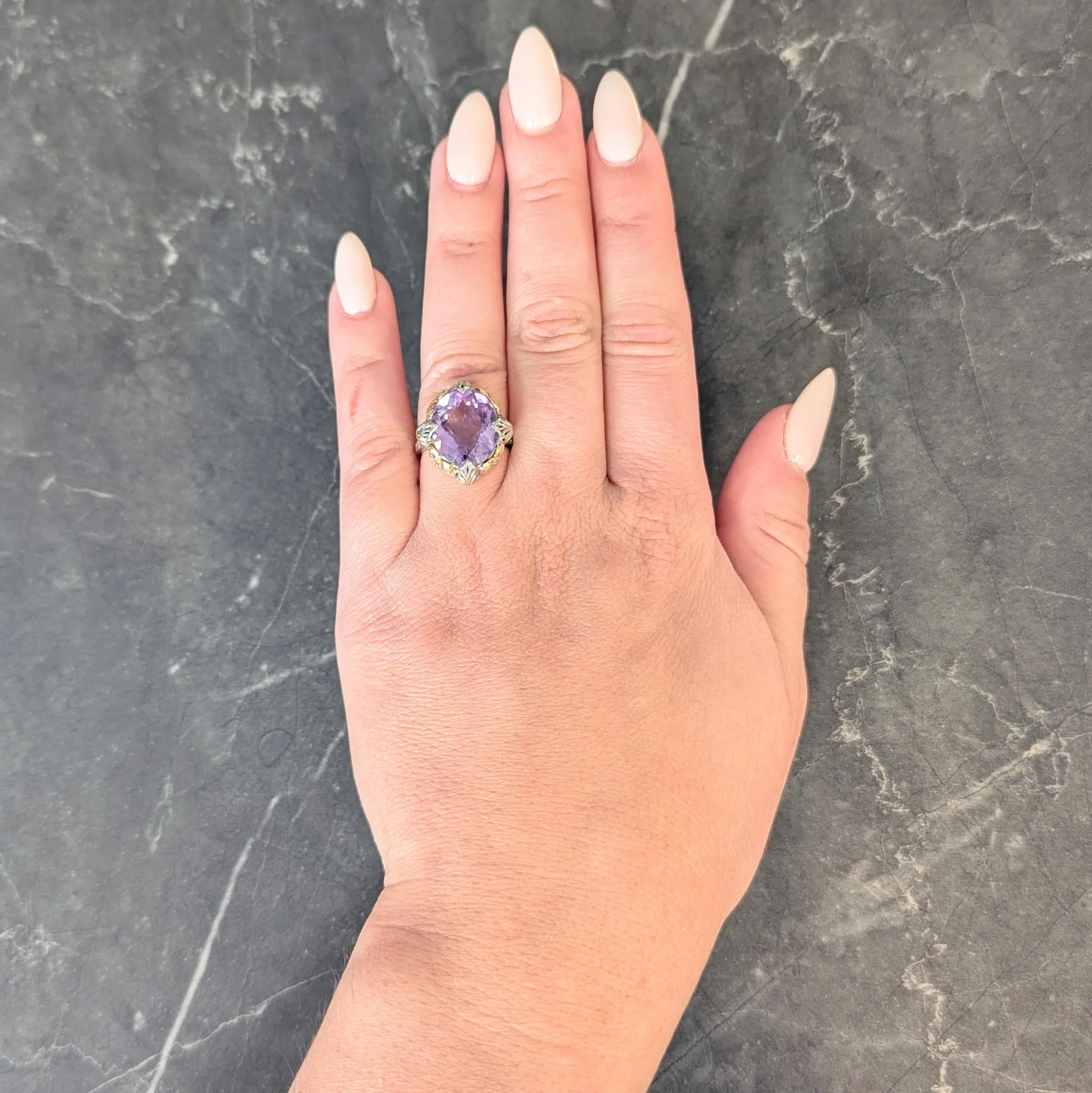 Art Deco Amethyst 14 Karat Tri-Gold Vintage Orange Blossom Cocktail Ring - Image 12