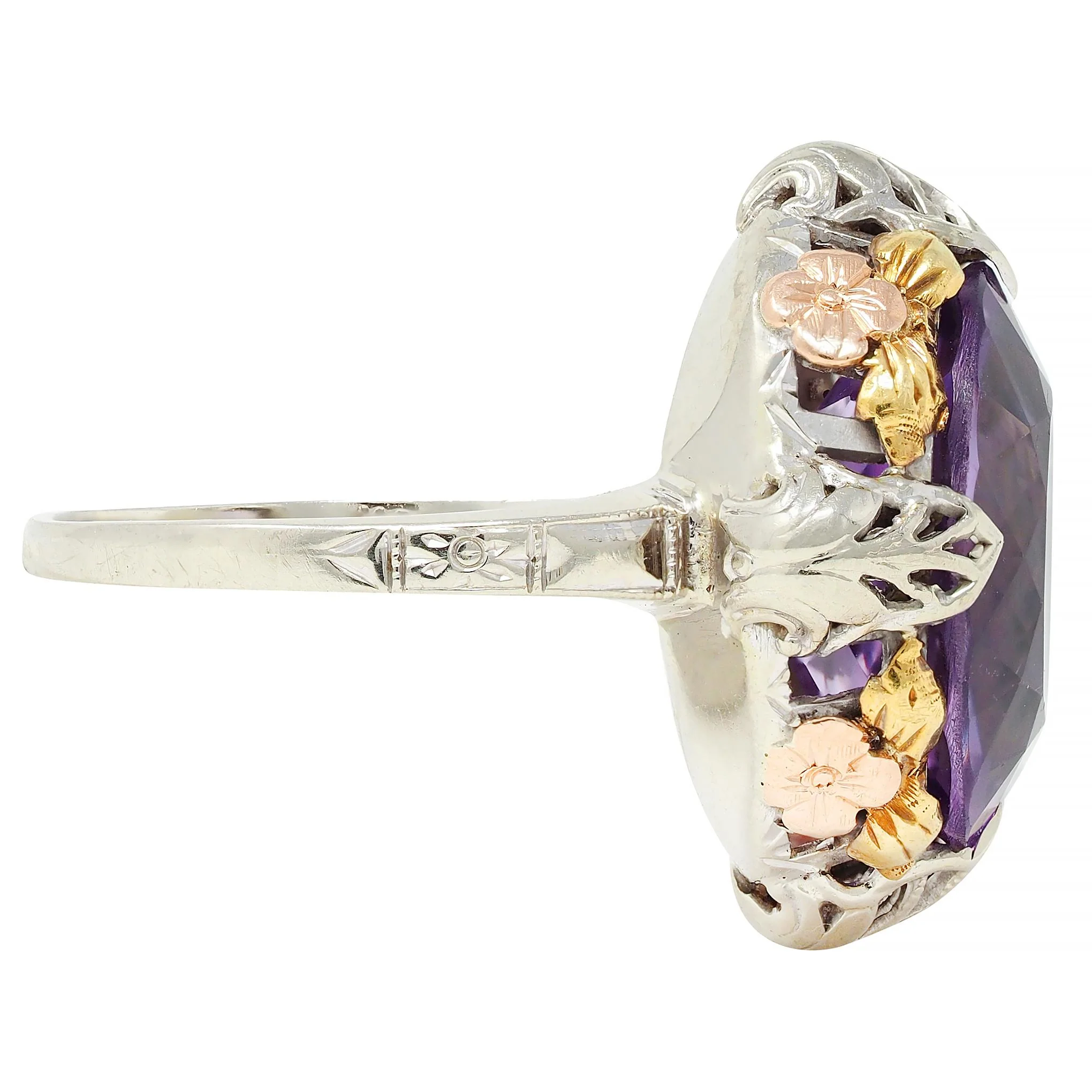 Art Deco Amethyst 14 Karat Tri-Gold Vintage Orange Blossom Cocktail Ring - Image 3