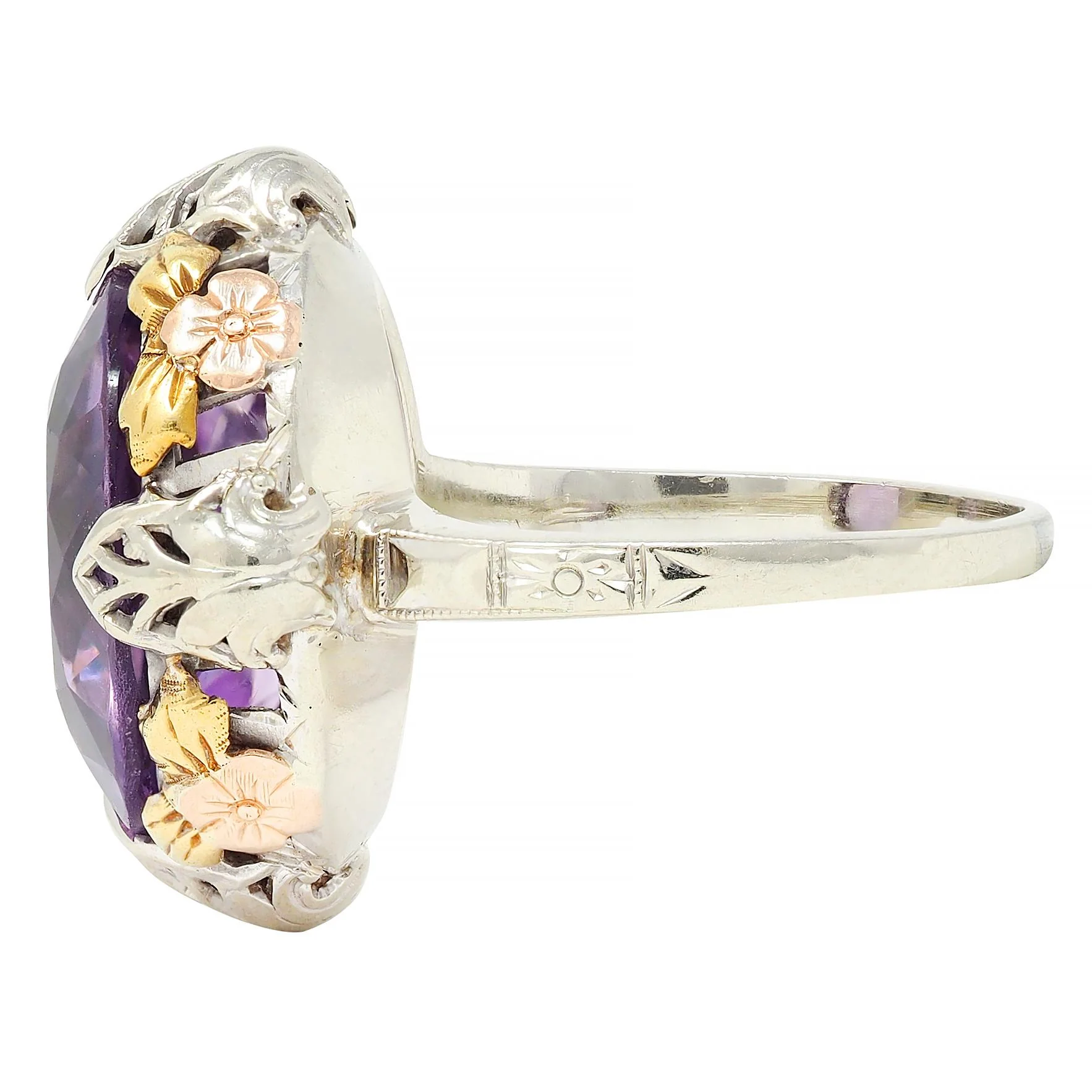 Art Deco Amethyst 14 Karat Tri-Gold Vintage Orange Blossom Cocktail Ring - Image 5