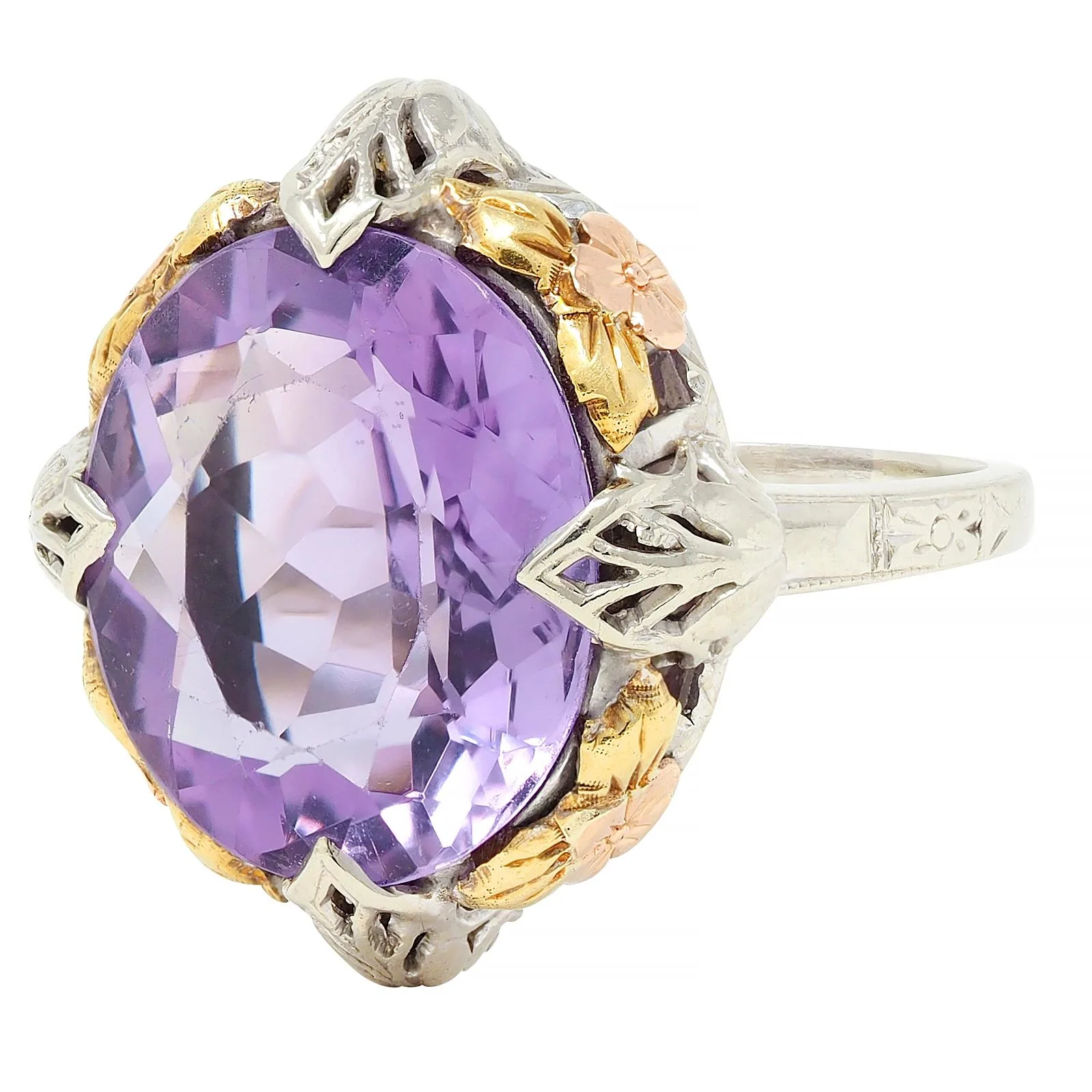 Art Deco Amethyst 14 Karat Tri-Gold Vintage Orange Blossom Cocktail Ring - Image 6