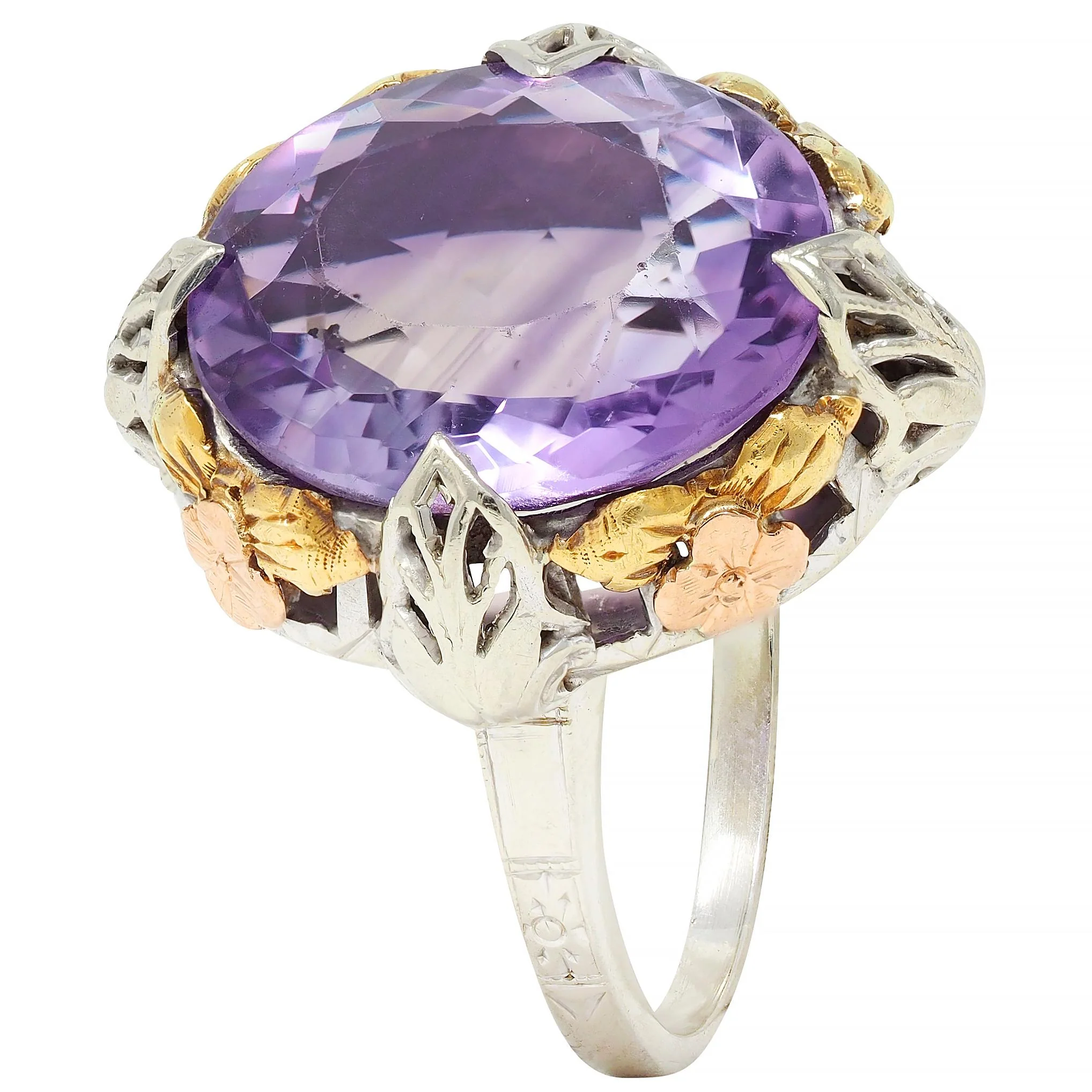 Art Deco Amethyst 14 Karat Tri-Gold Vintage Orange Blossom Cocktail Ring - Image 7