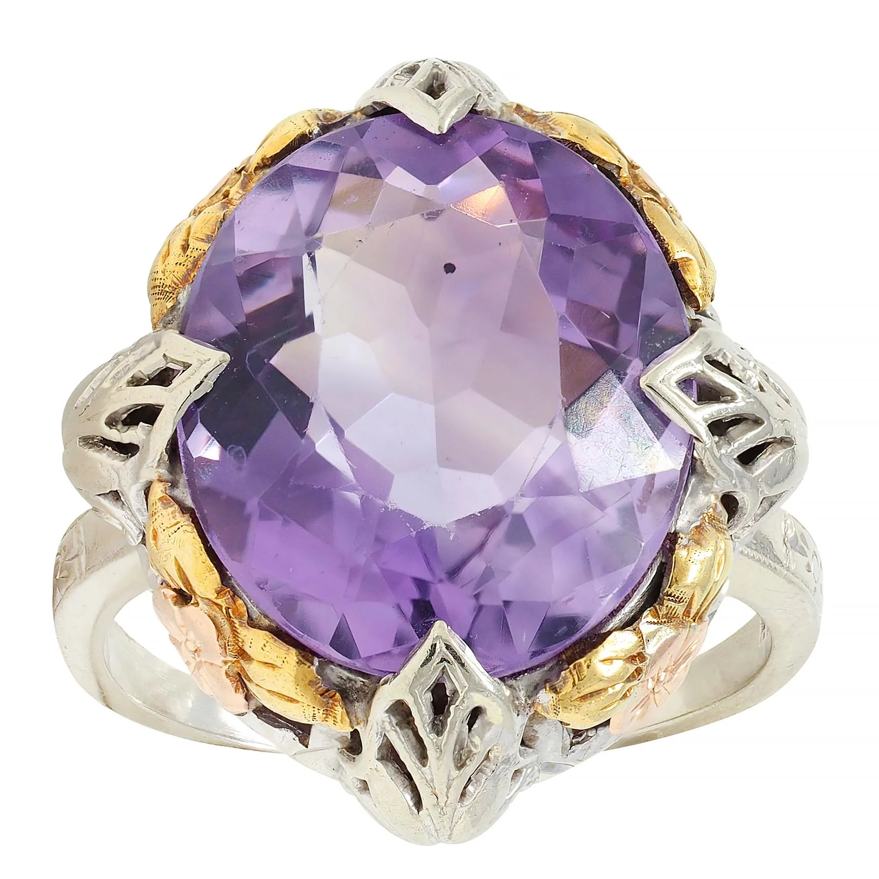 Art Deco Amethyst 14 Karat Tri-Gold Vintage Orange Blossom Cocktail Ring - Image 8
