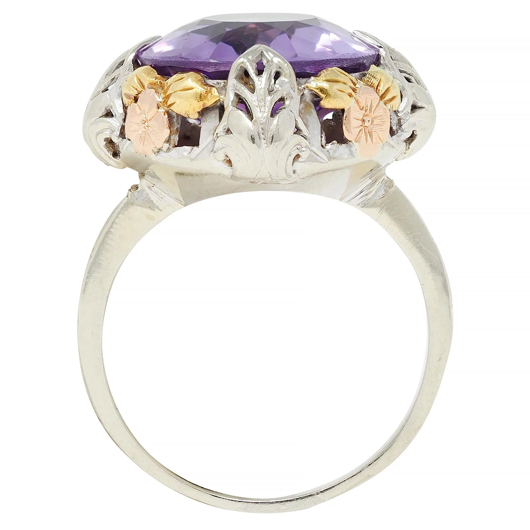 Art Deco Amethyst 14 Karat Tri-Gold Vintage Orange Blossom Cocktail Ring - Image 9