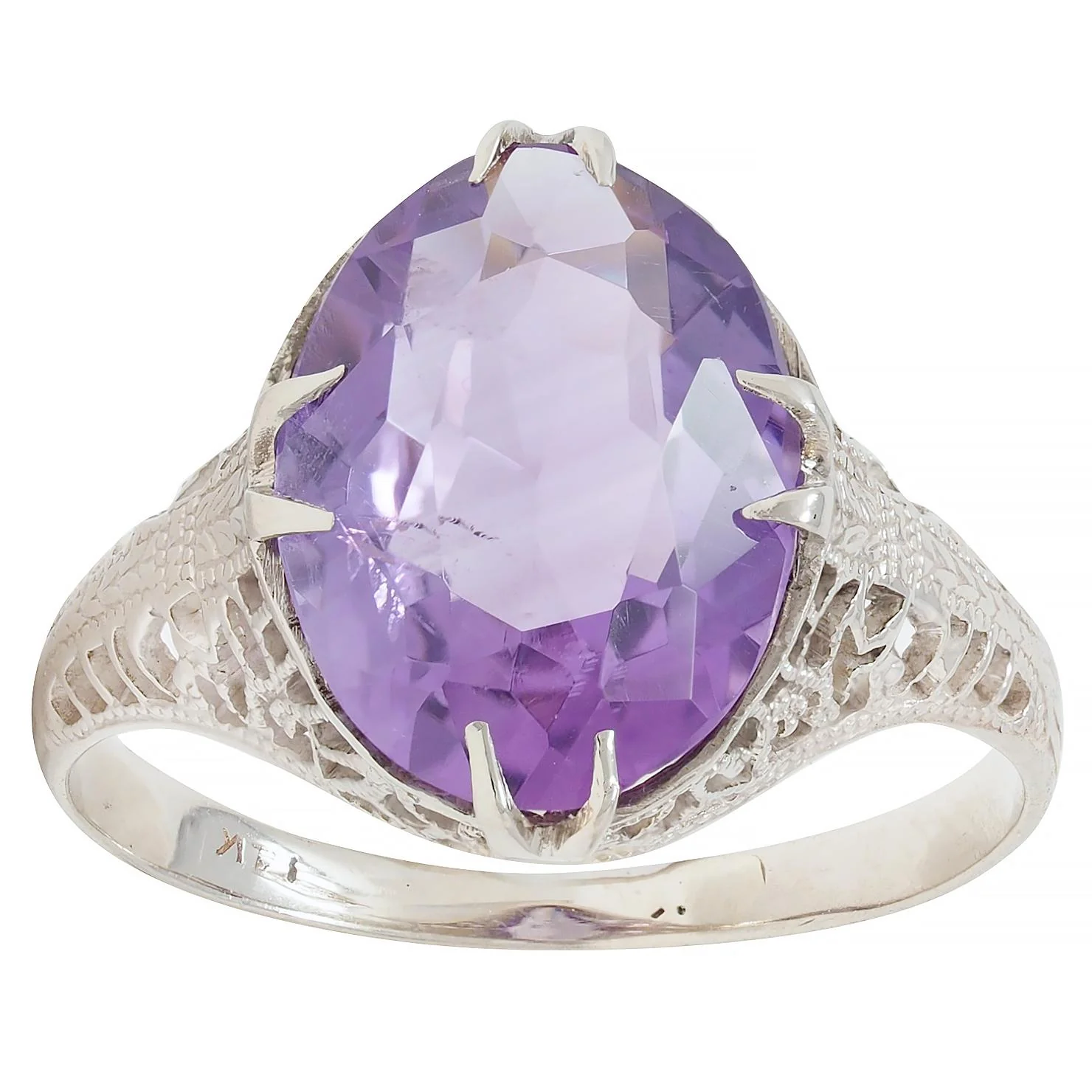 Art Deco Amethyst 14 Karat White Gold Foliate Filigree Vintage Ring - Image 8