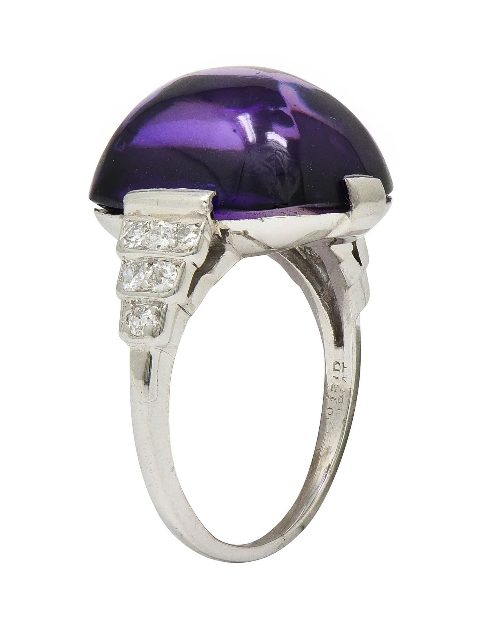 Art Deco Amethyst Cabochon Diamond Platinum Vintage Stepped Cocktail Ring - Image 11