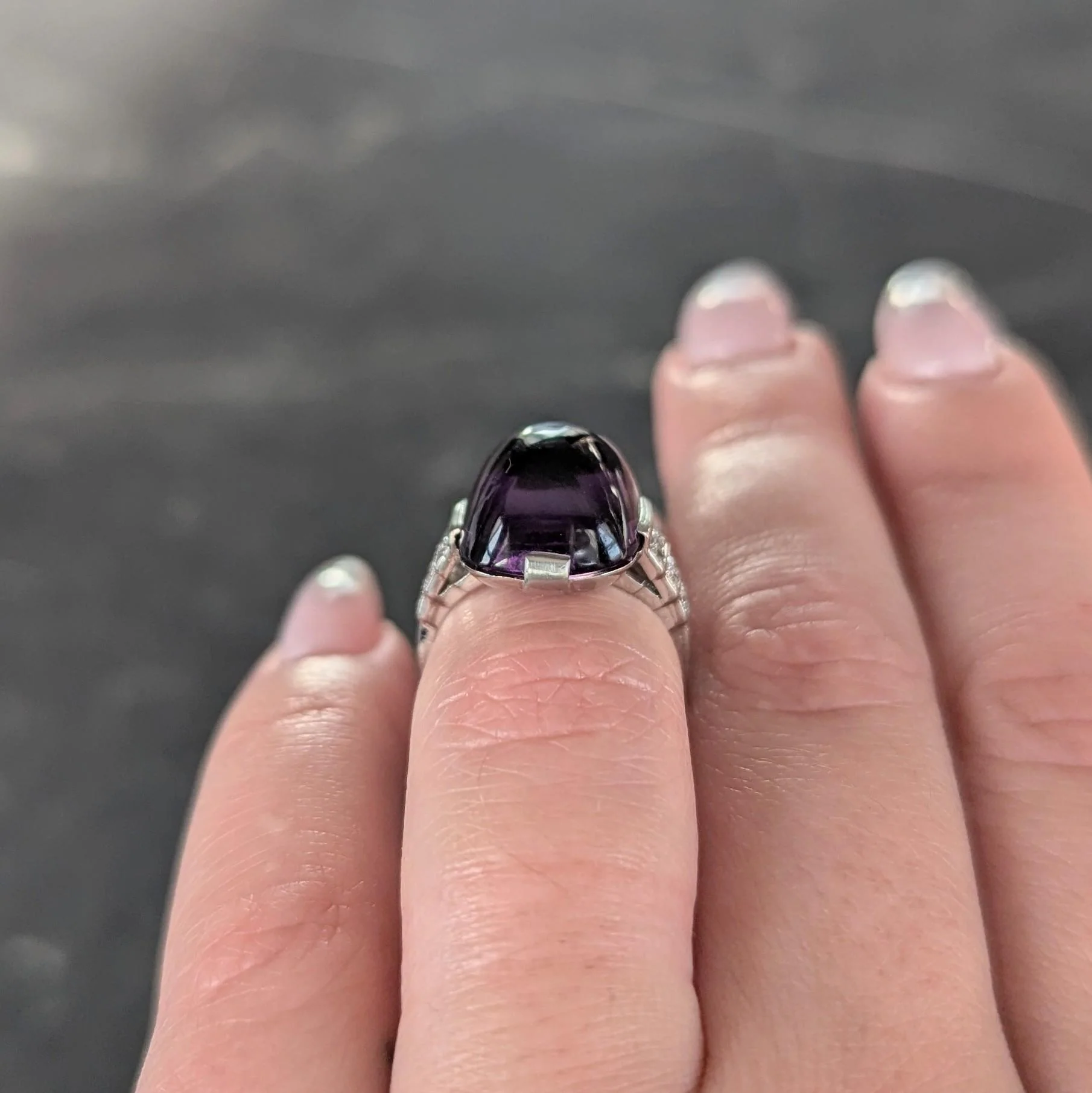 Art Deco Amethyst Cabochon Diamond Platinum Vintage Stepped Cocktail Ring - Image 14