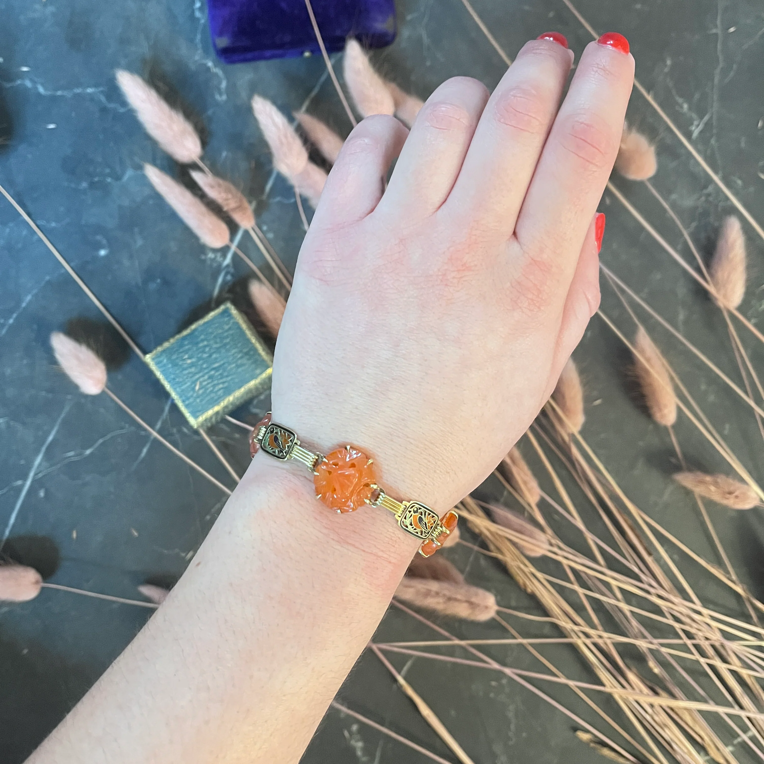 Art Deco Carnelian Guilloche Enamel 14 Karat Gold Link Bracelet - Image 10