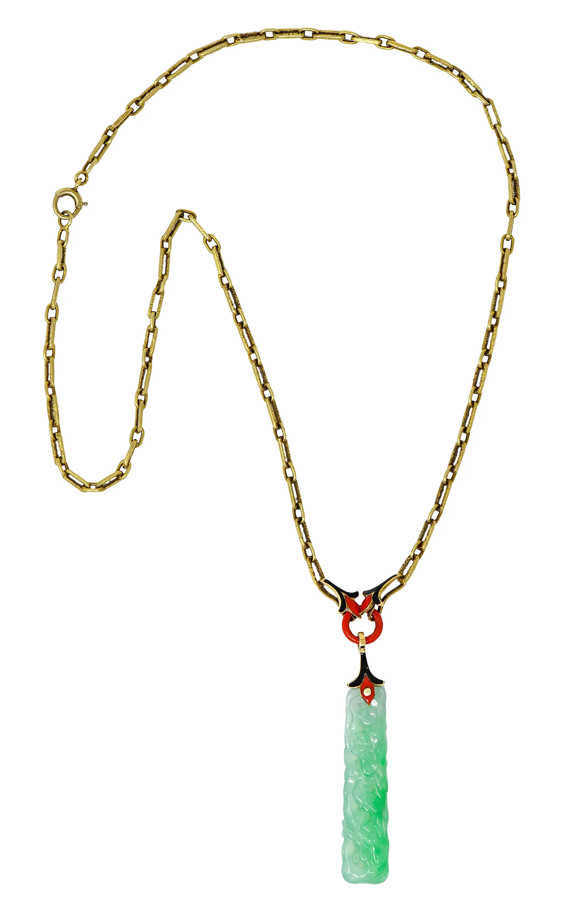 Art Deco Carved Jade Enamel 14 Karat Gold Drop Pendant Necklace - Image 2