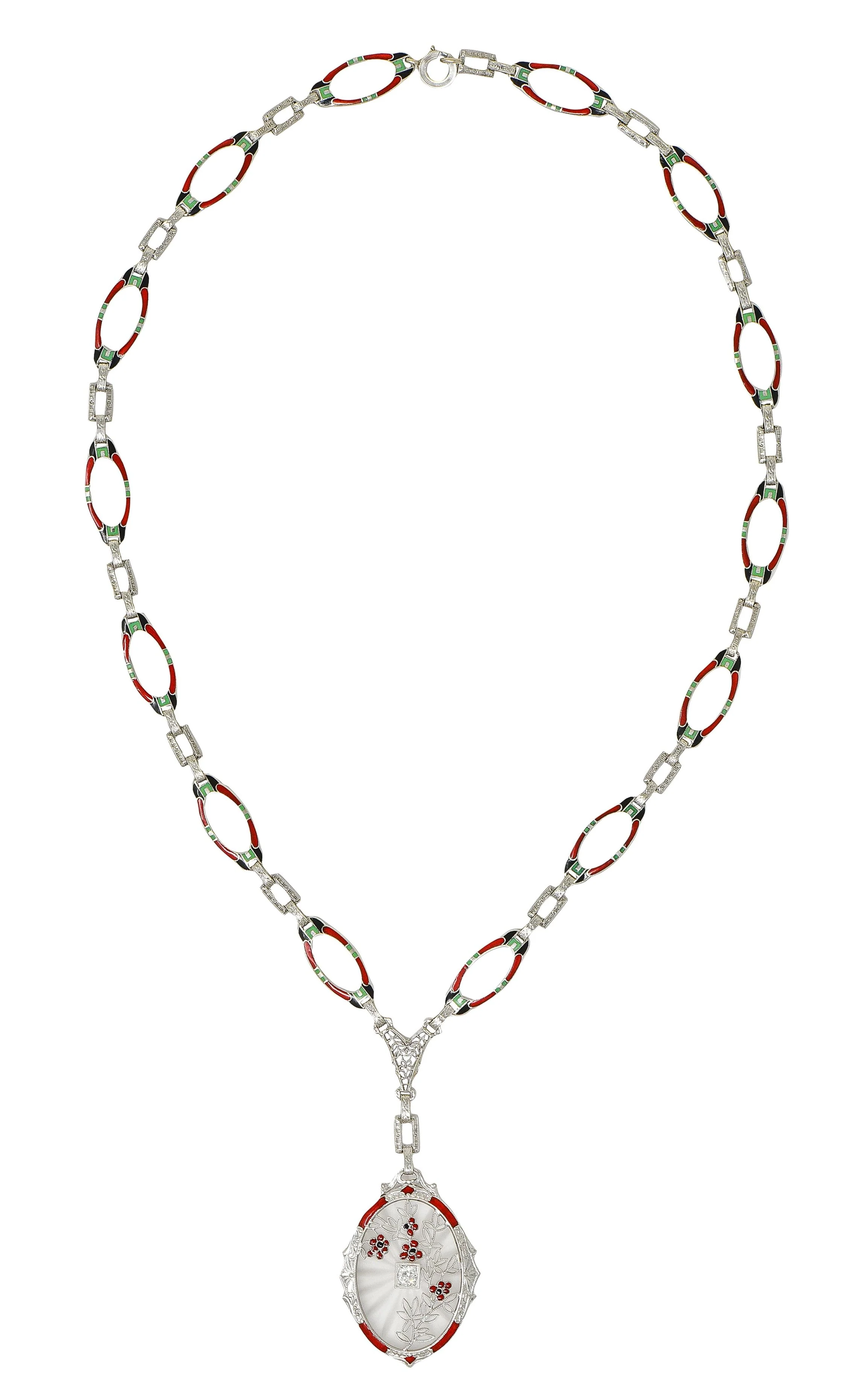 Art Deco Diamond Camphor Glass Enamel 14 Karat White Gold Antique Pendant Sartuoir Necklace - Image 10