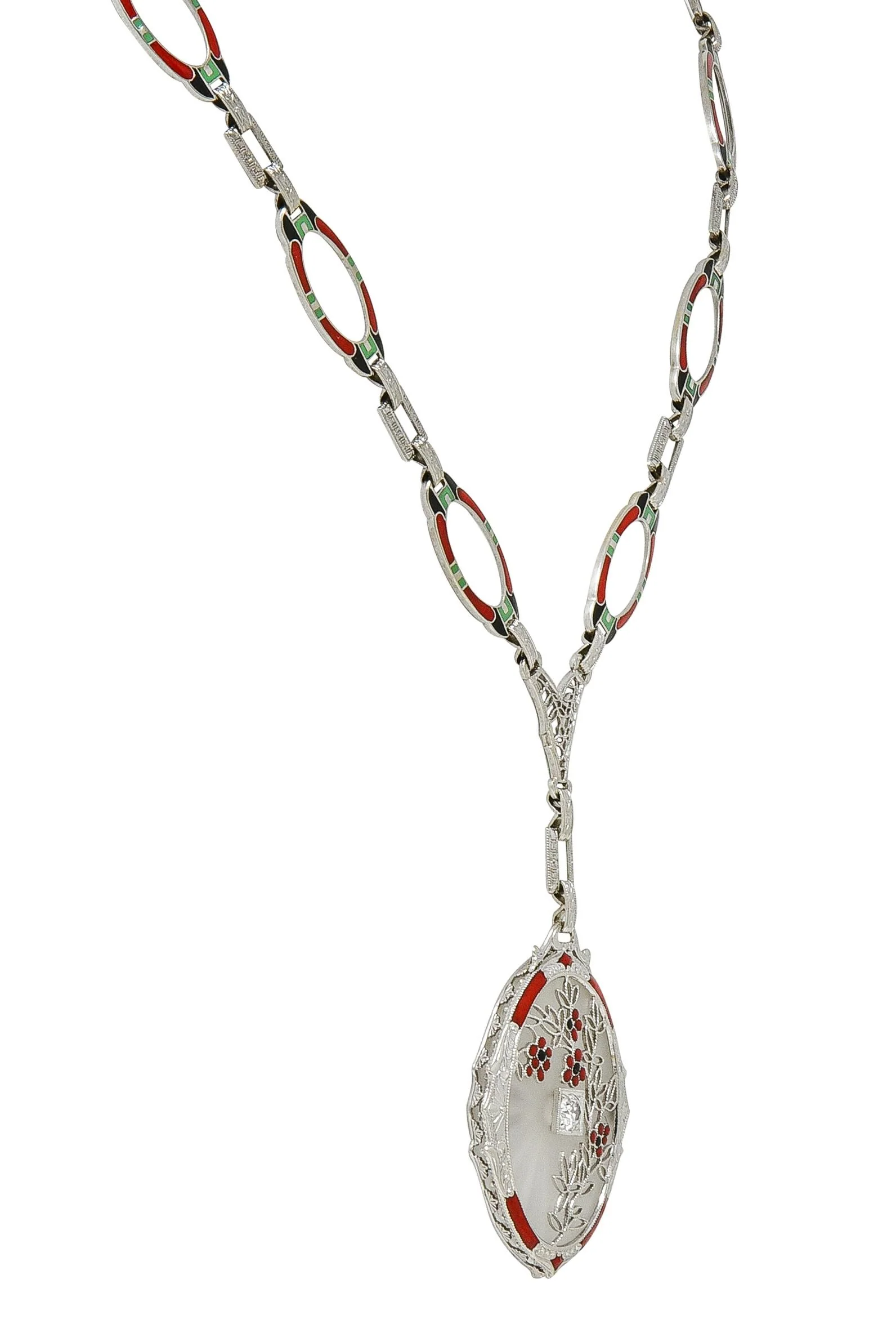 Art Deco Diamond Camphor Glass Enamel 14 Karat White Gold Antique Pendant Sartuoir Necklace - Image 6