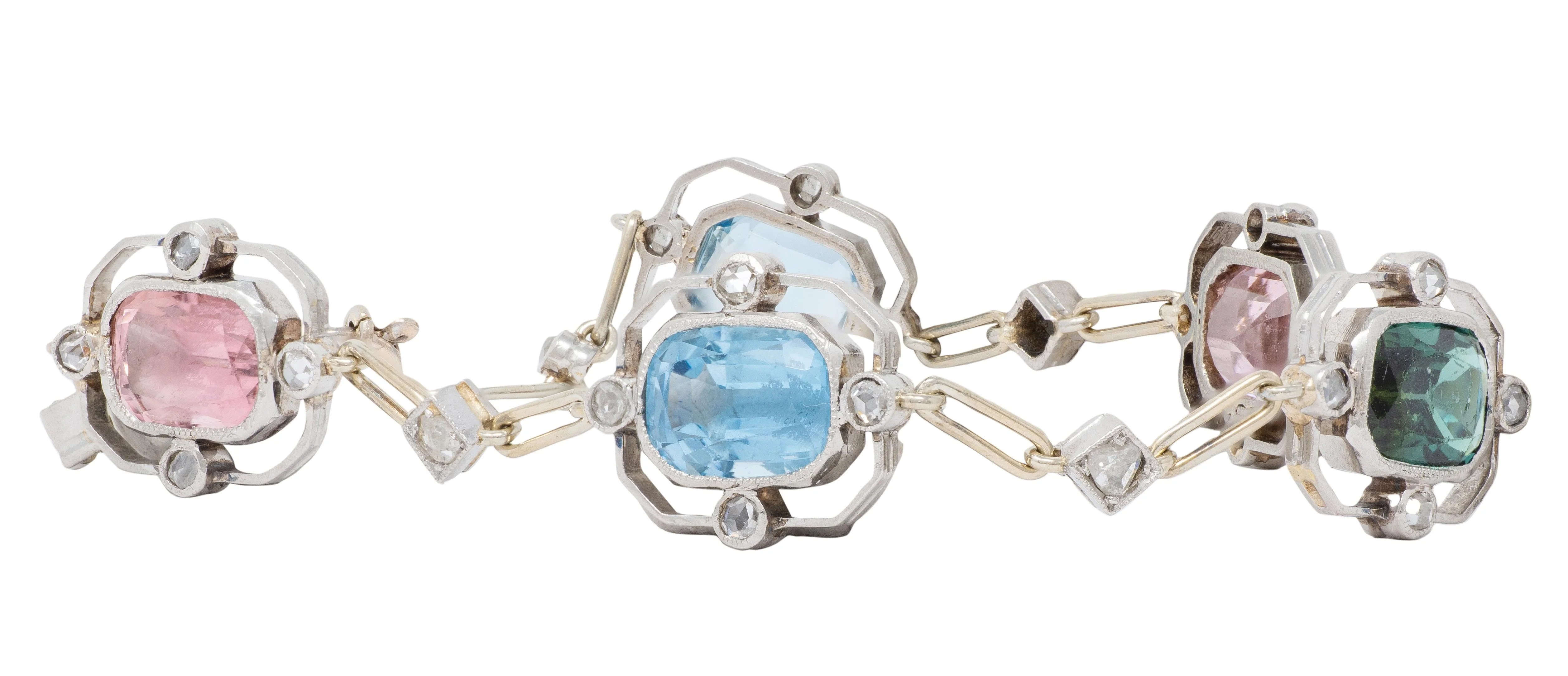 Art Deco Diamond Multi-Gem Platinum 18 Karat Gold Antique Quatrefoil Link Bracelet Set - Image 5