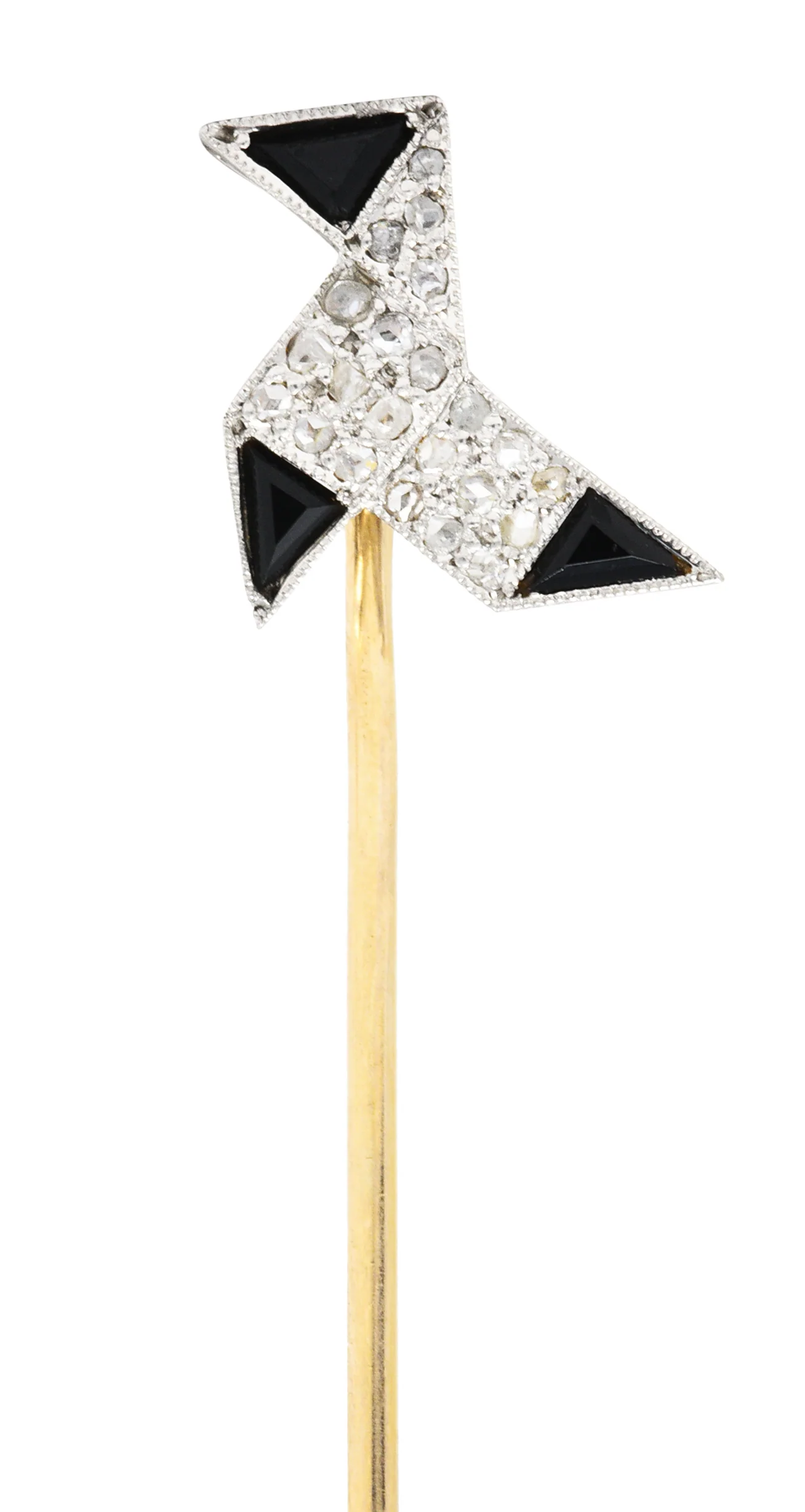 Art Deco Diamond Onyx Platinum 18 Karat Gold Origami Bird Stickpin