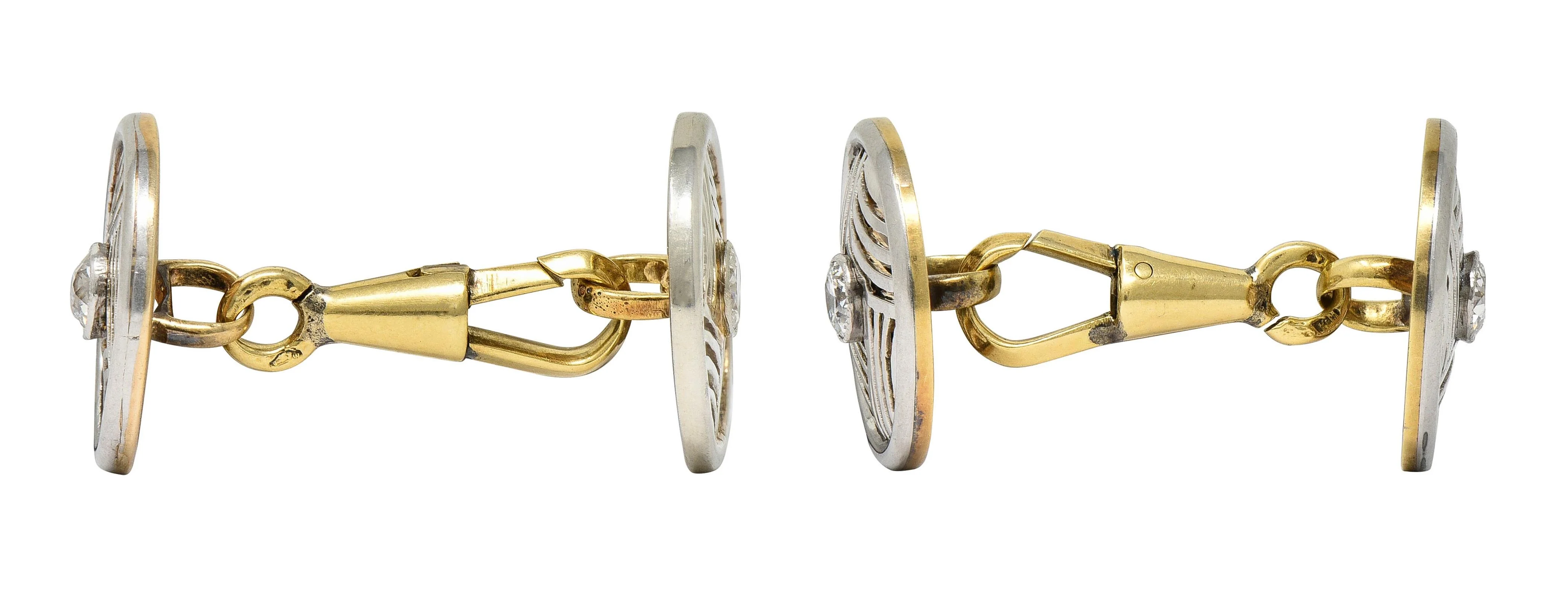 Art Deco Diamond Platinum 14 Karat Yellow Gold Antique Geometric Disk Cufflinks - Image 2