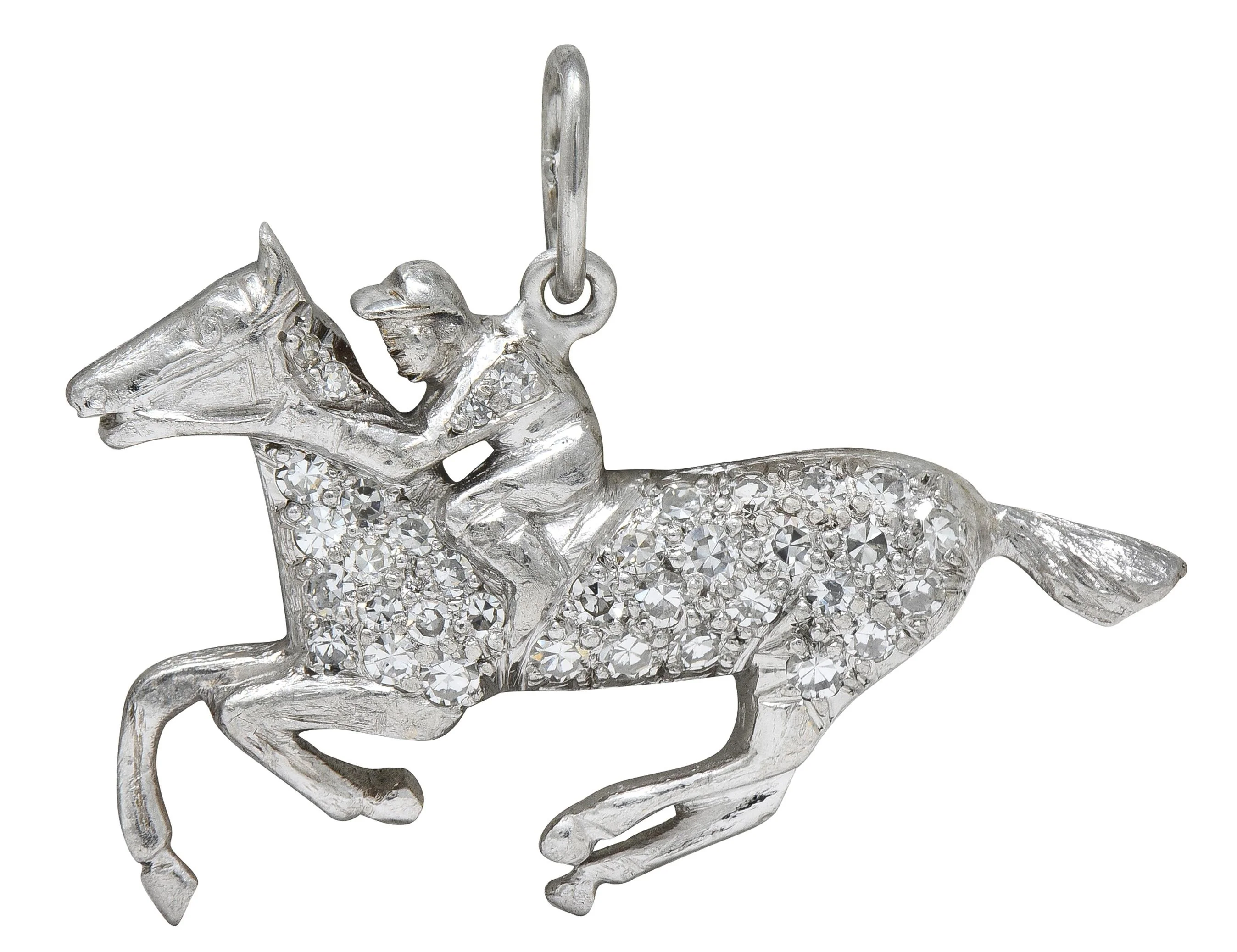 Art Deco Diamond Platinum Vintage Race Horse & Jockey Pendant Charm