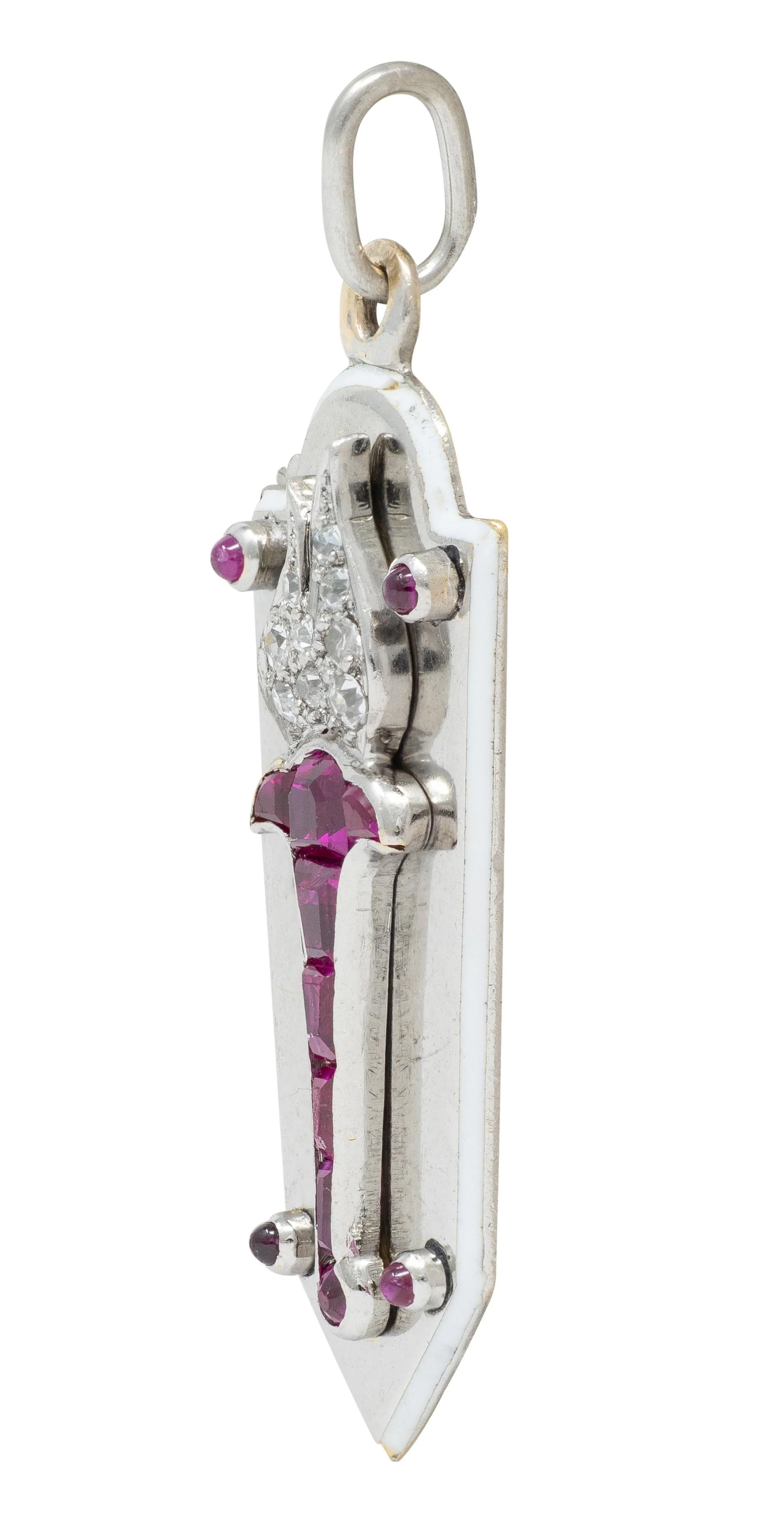 Art Deco Diamond Ruby Enamel 18 Karat White Gold Vintage Torch Charm - Image 2