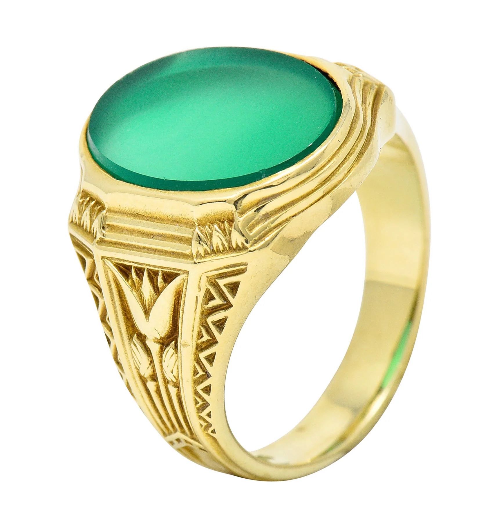 Art Deco Egyptian Revival Chrysoprase 14 Karat Gold Lotus Unisex Signet Ring - Image 12