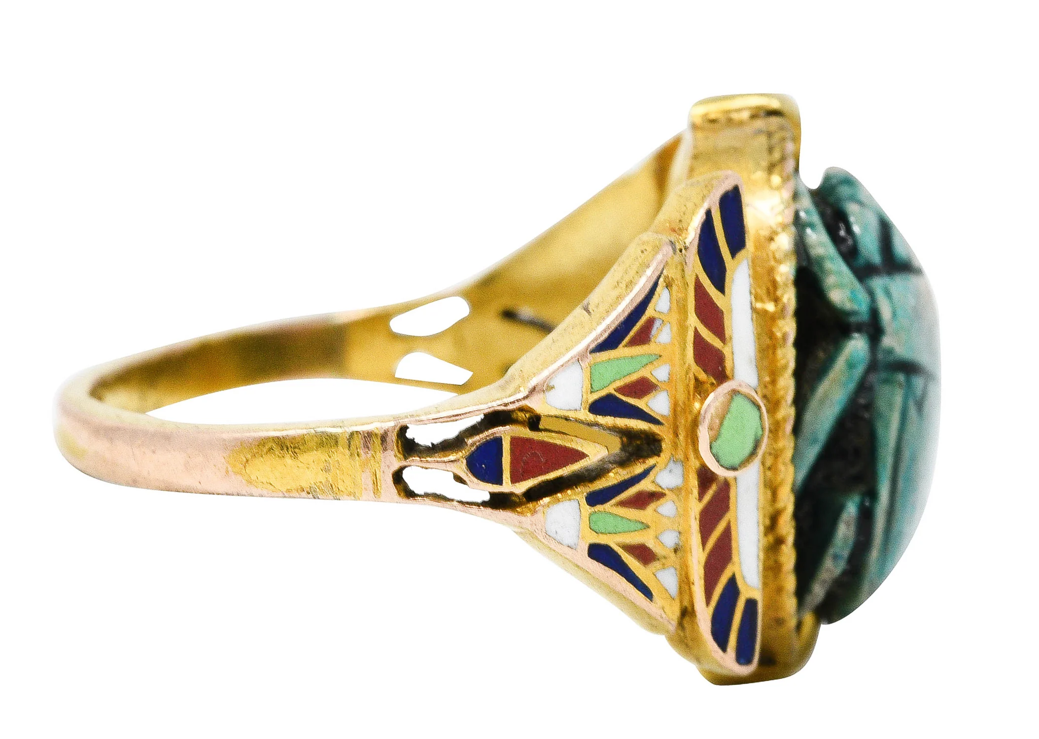 Art Deco Egyptian Revival Enamel Hardstone 14 Karat Gold Scarab Ring - Image 3