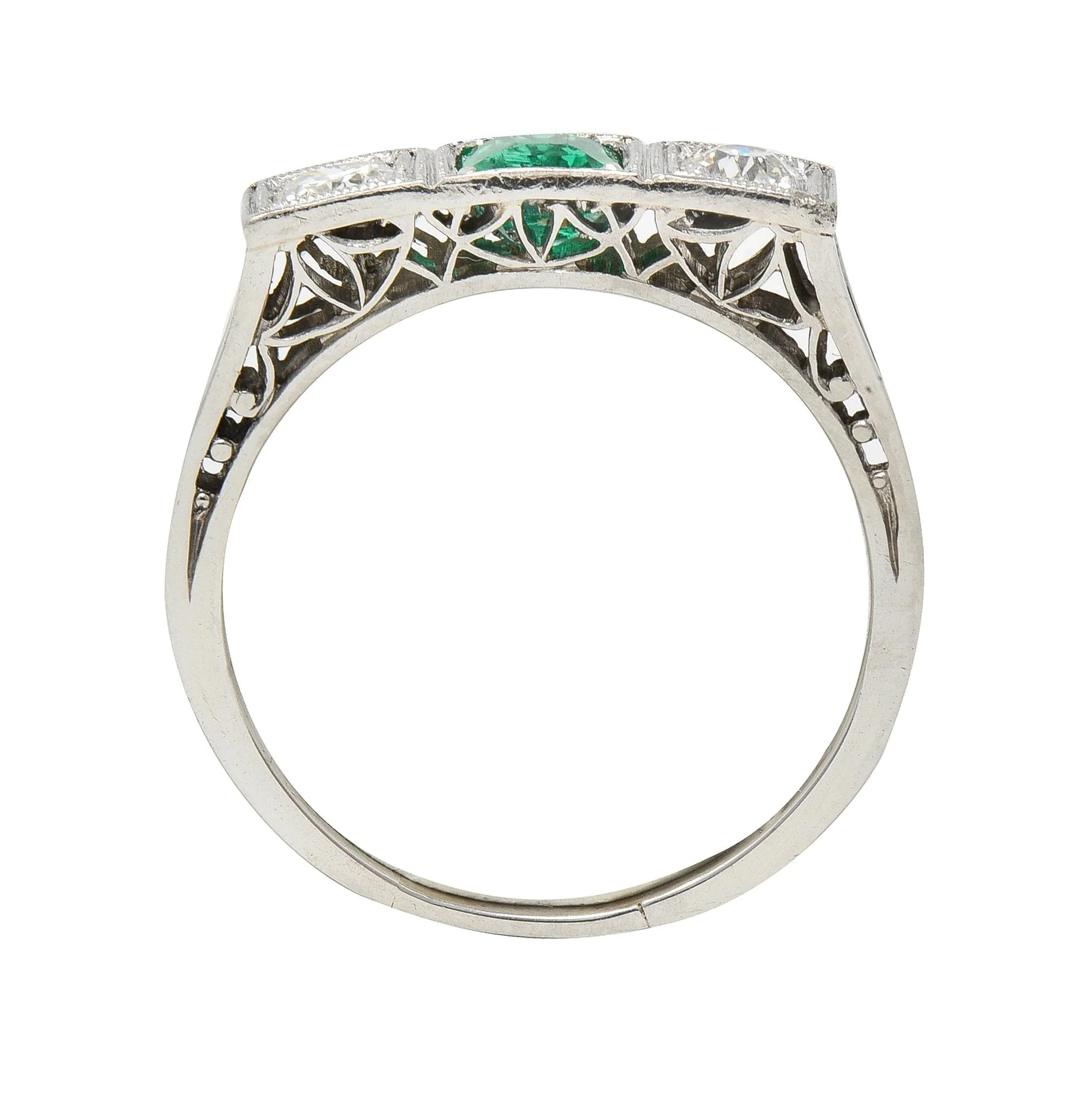 Art Deco Emerald Diamond Platinum Three Stone Vintage Geometric Ring - Image 7