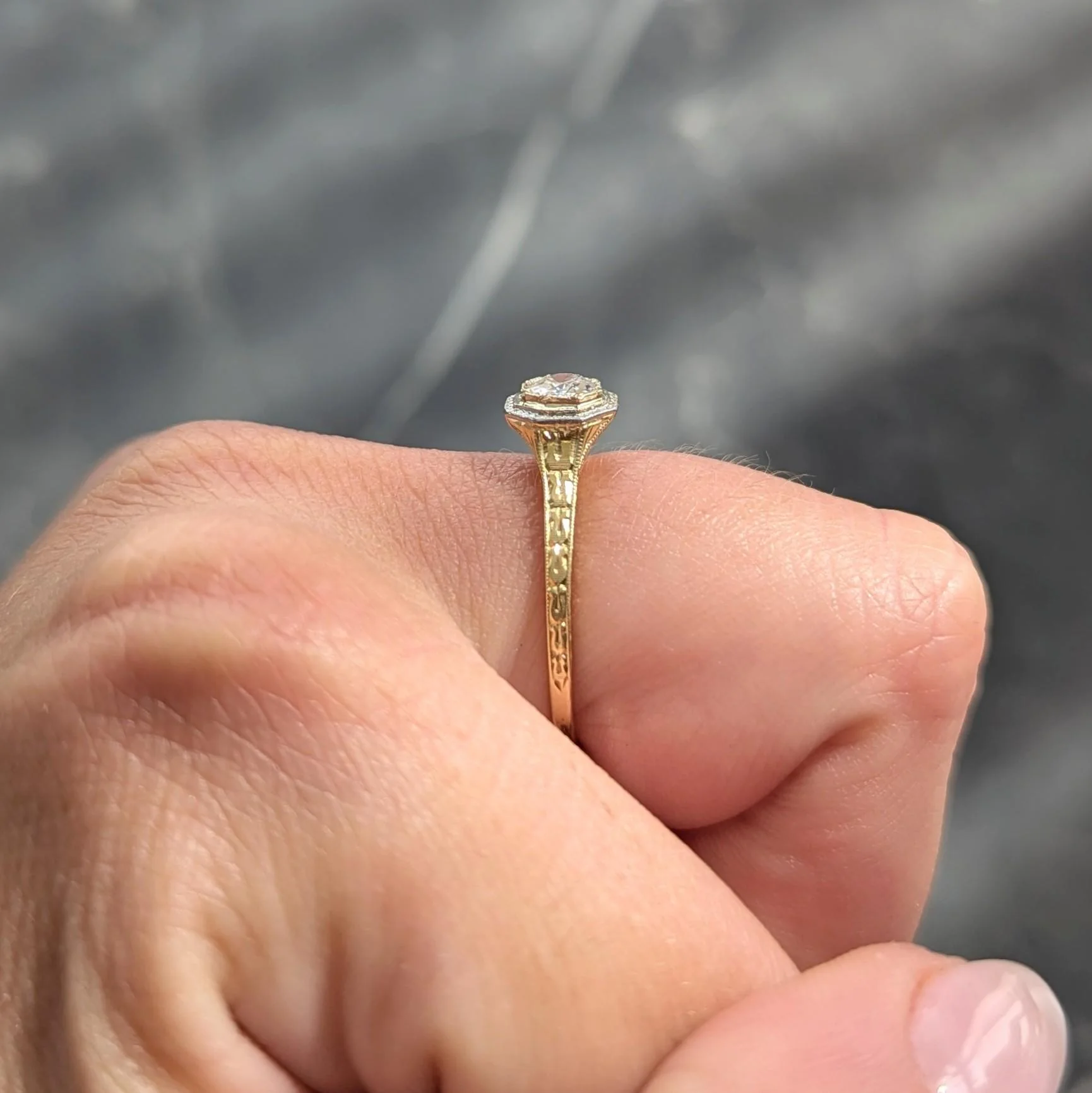 Art Deco European Cut Diamond Platinum 18 Karat Yellow Gold Vintage Engagement Ring - Image 9