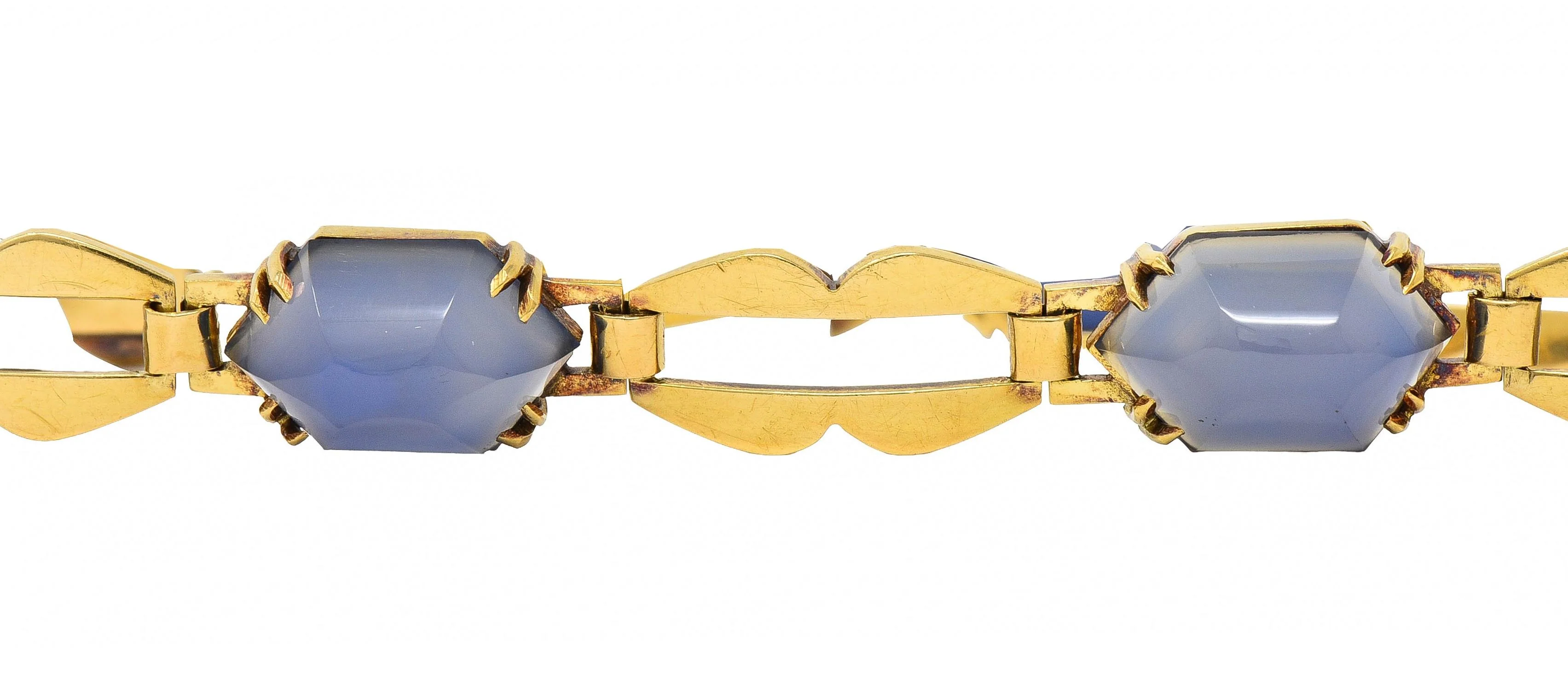 Art Deco French Blue Chalcedony 18 Karat Yellow Gold Antique Link Bracelet - Image 4