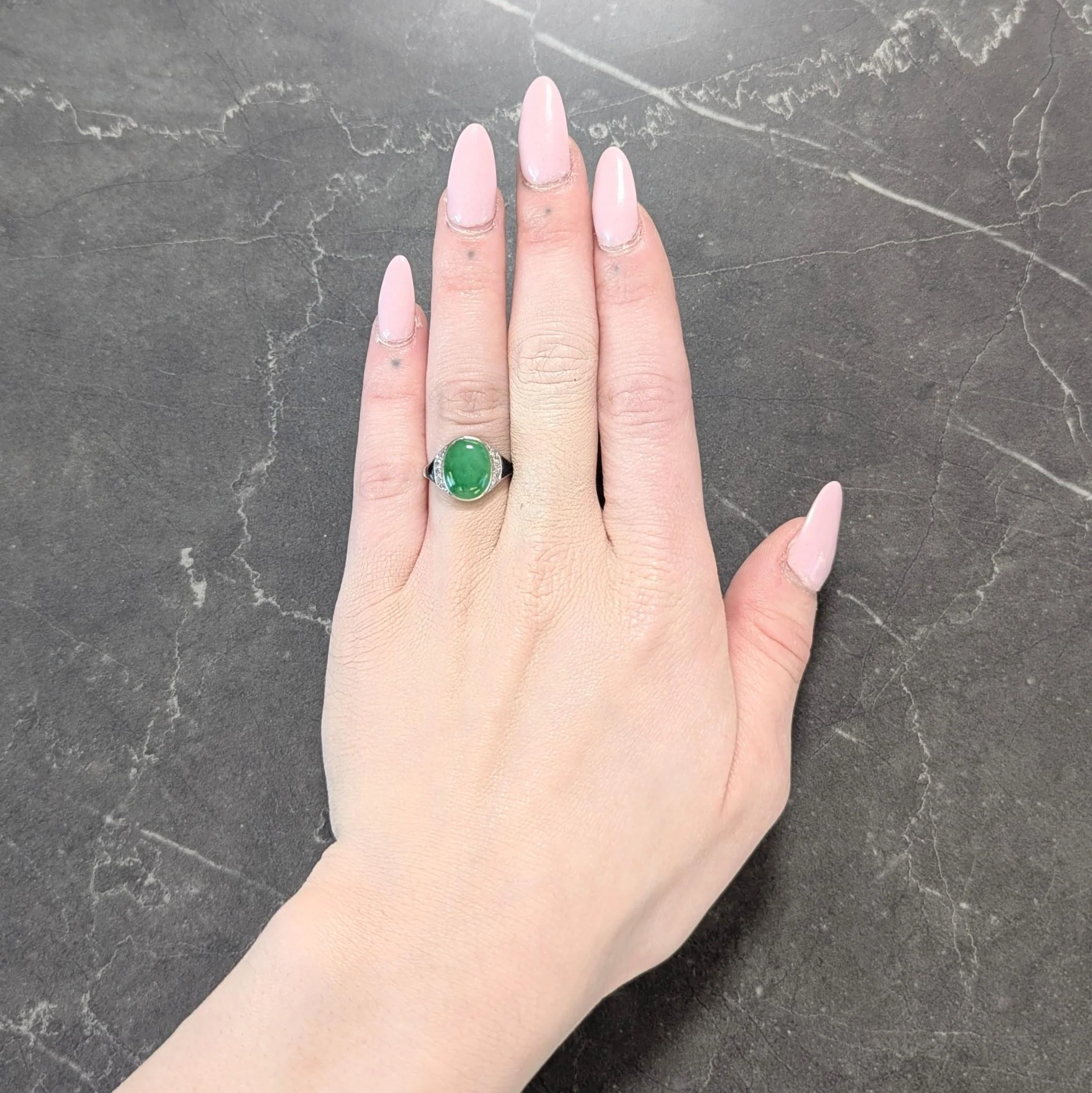 Art Deco Jadeite Jade Diamond Onyx Platinum Vintage Cocktail Ring - Image 6