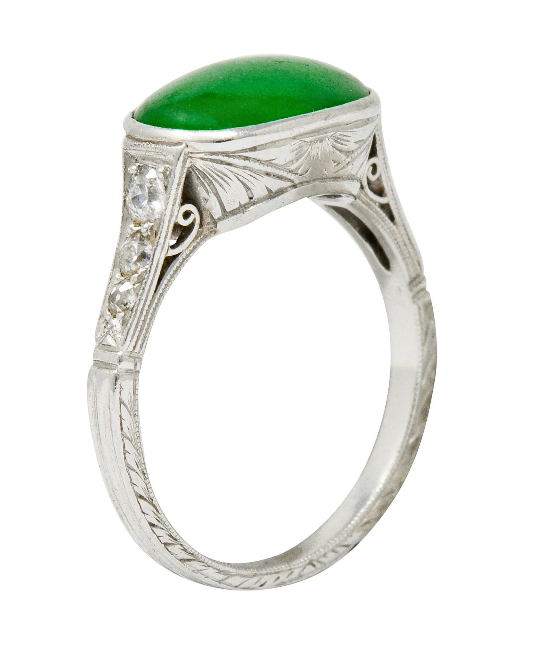 Art Deco Jadeite Jade Diamond Platinum Cabochon Ring GIA - Image 9