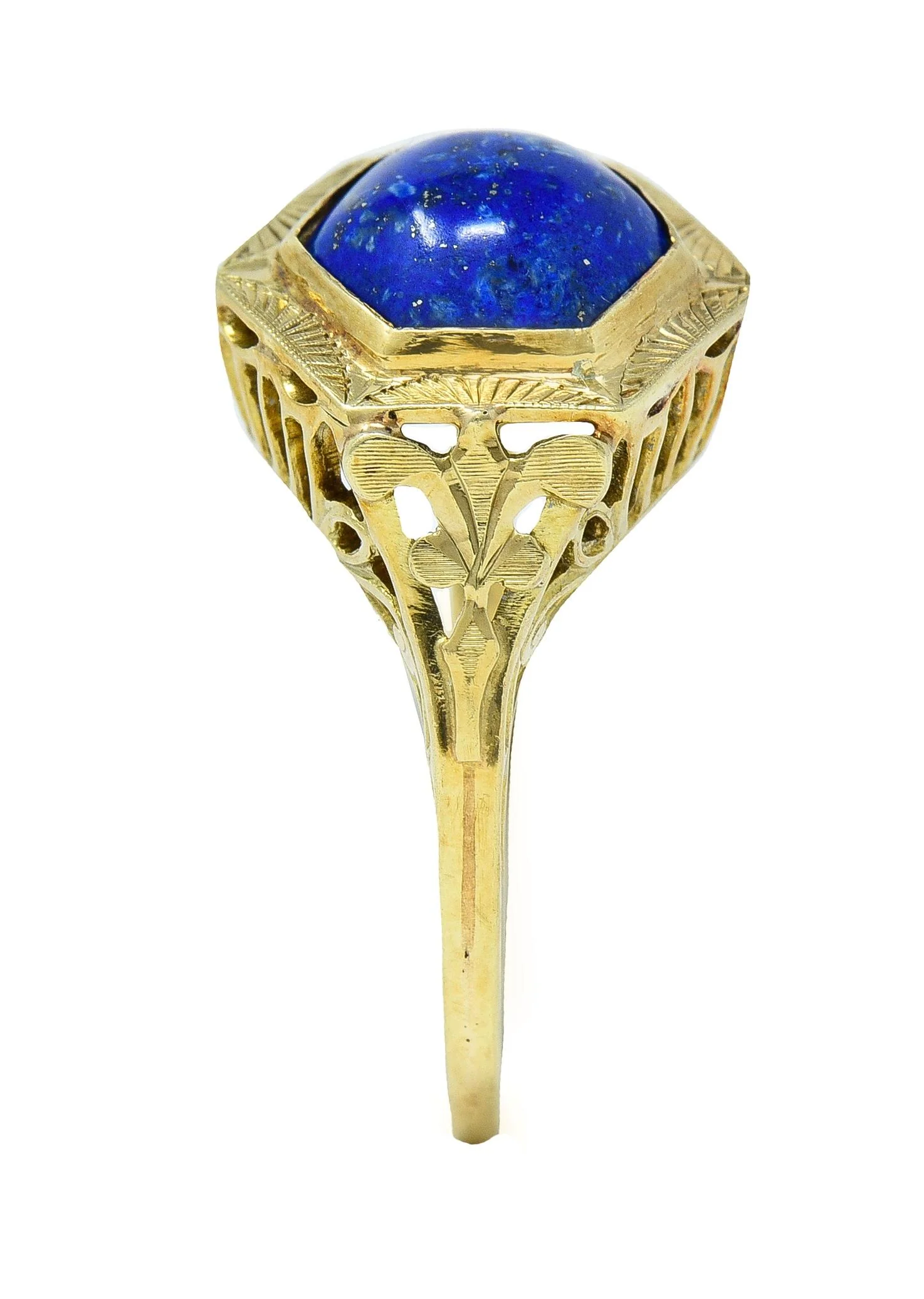Art Deco Lapis Lazuli Cabochon 14 Karat Yellow Gold Fleur-De-Lis Hexagonal Ring - Image 11