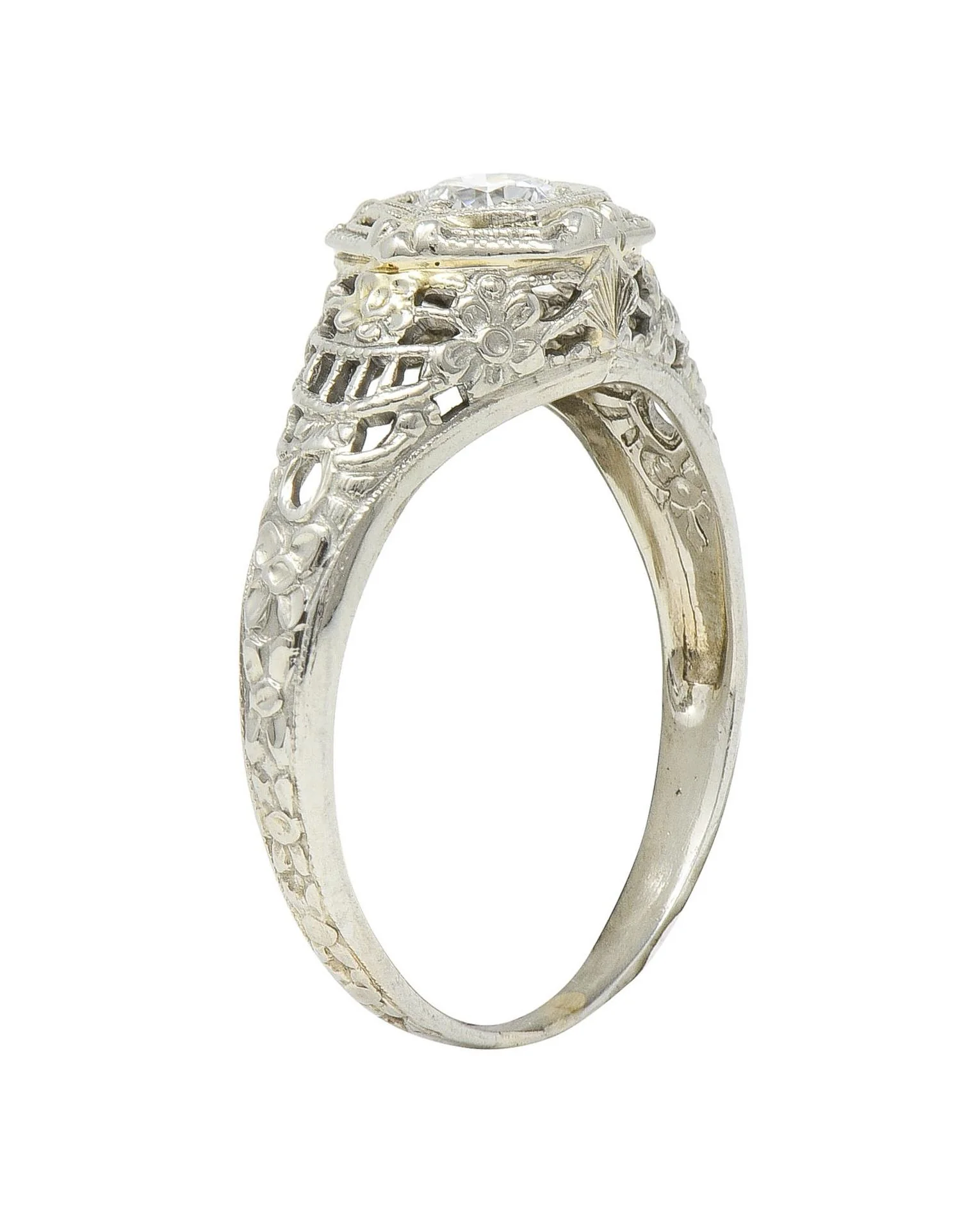 Art Deco Old European Cut Diamond 18 Karat White Gold Antique Engagement Ring - Image 3