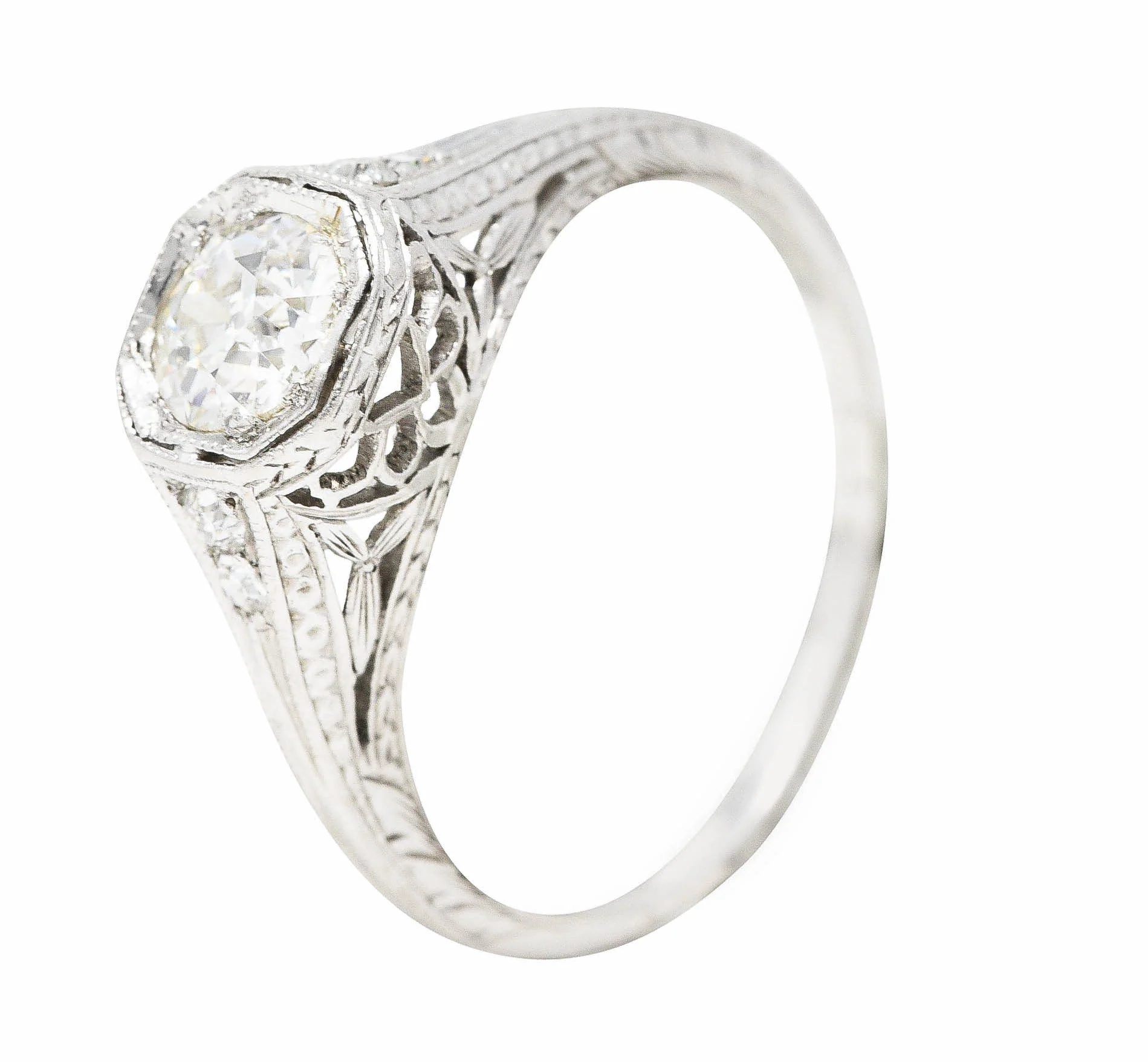 Art Deco Old European Cut Diamond Platinum Floral Antique Engagement Ring - Image 9