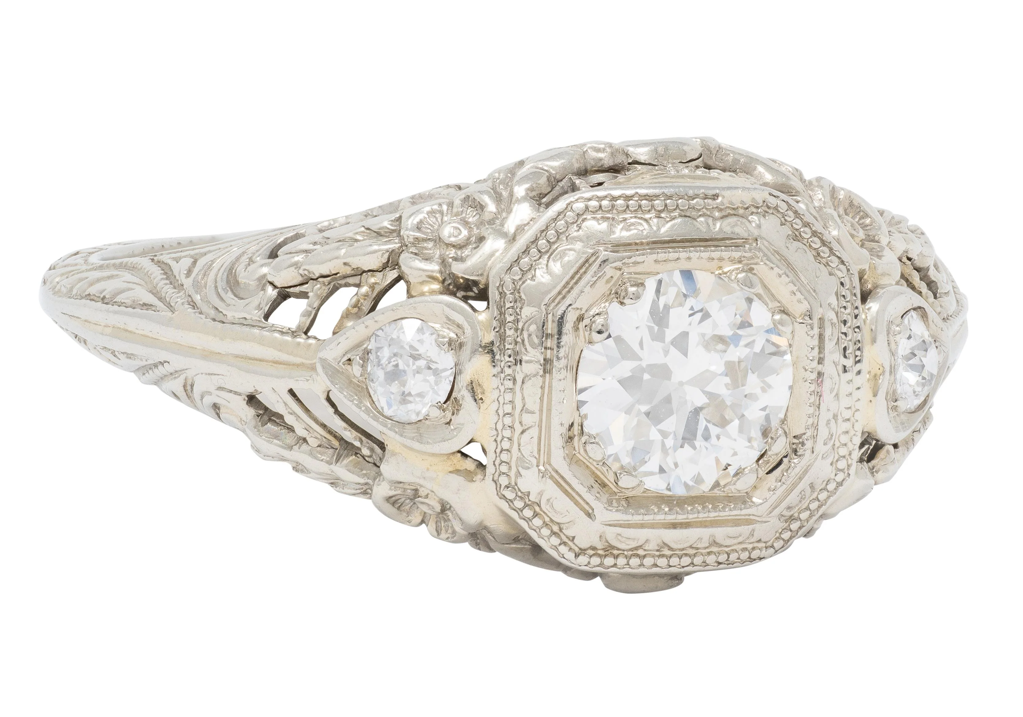 Art Deco Old European Diamond 18 Karat White Gold Antique Heart Garland Engagement Ring - Image 4