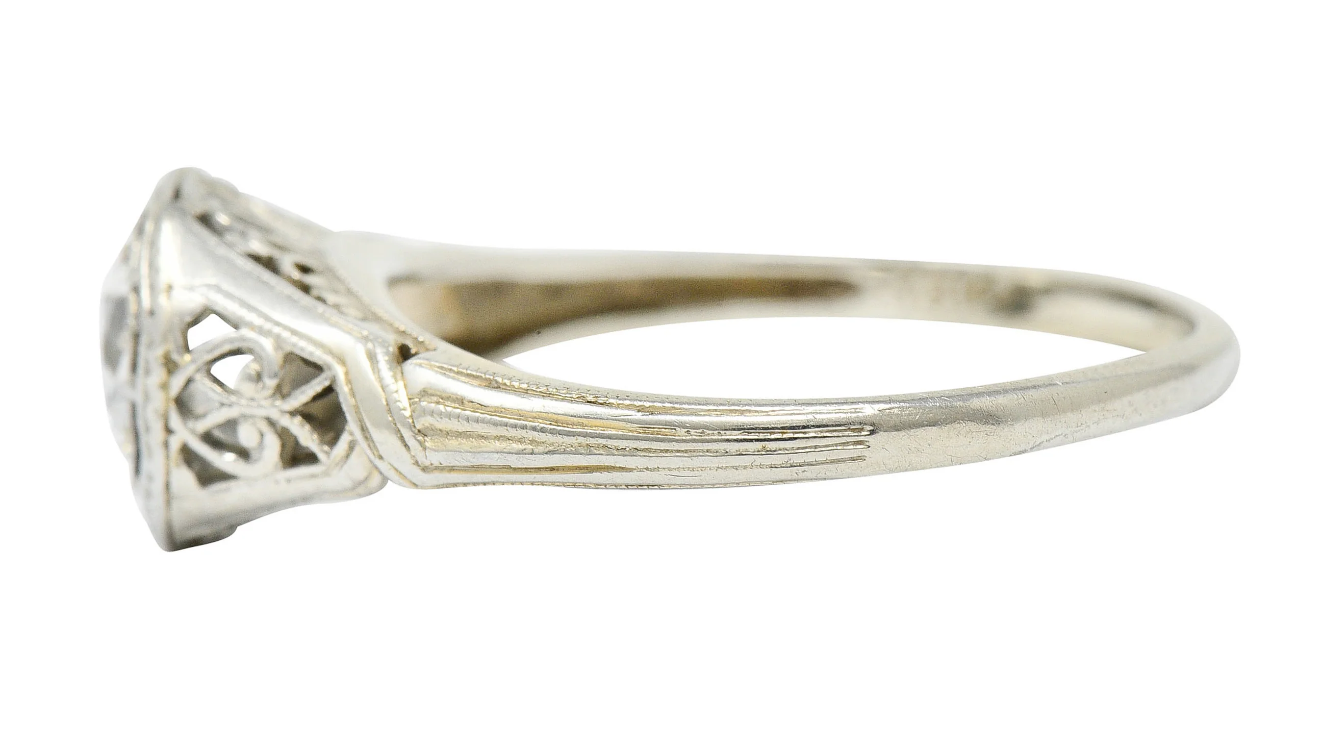 Art Deco Old European Diamond 18 Karat White Gold Heart Engagement Ring - Image 4
