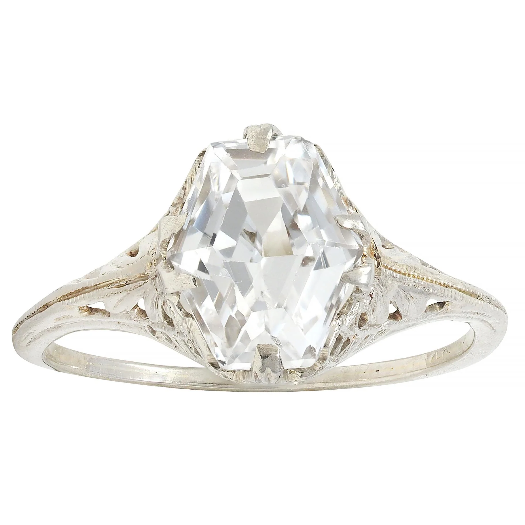 Art Deco Step Cut White Grossular Garnet 14 Karat White Gold Vintage Foliate Ring - Image 7