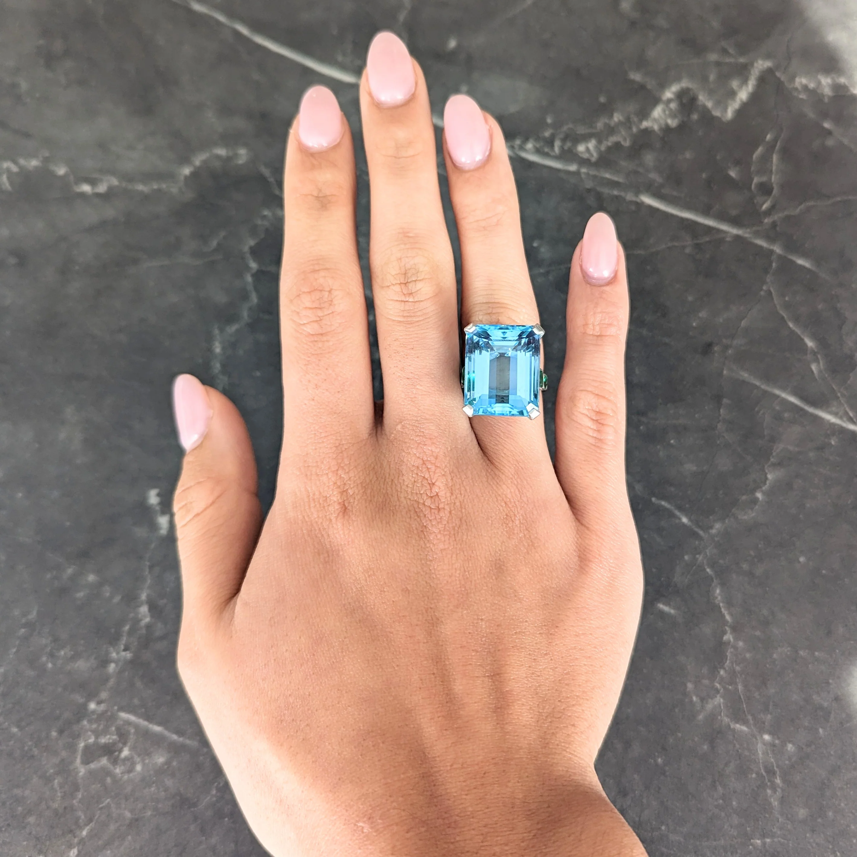 Art Deco Substantial 28.85 CTW Emerald Cut Aquamarine French Cut Emerald Platinum Vintage Cocktail Ring - Image 11