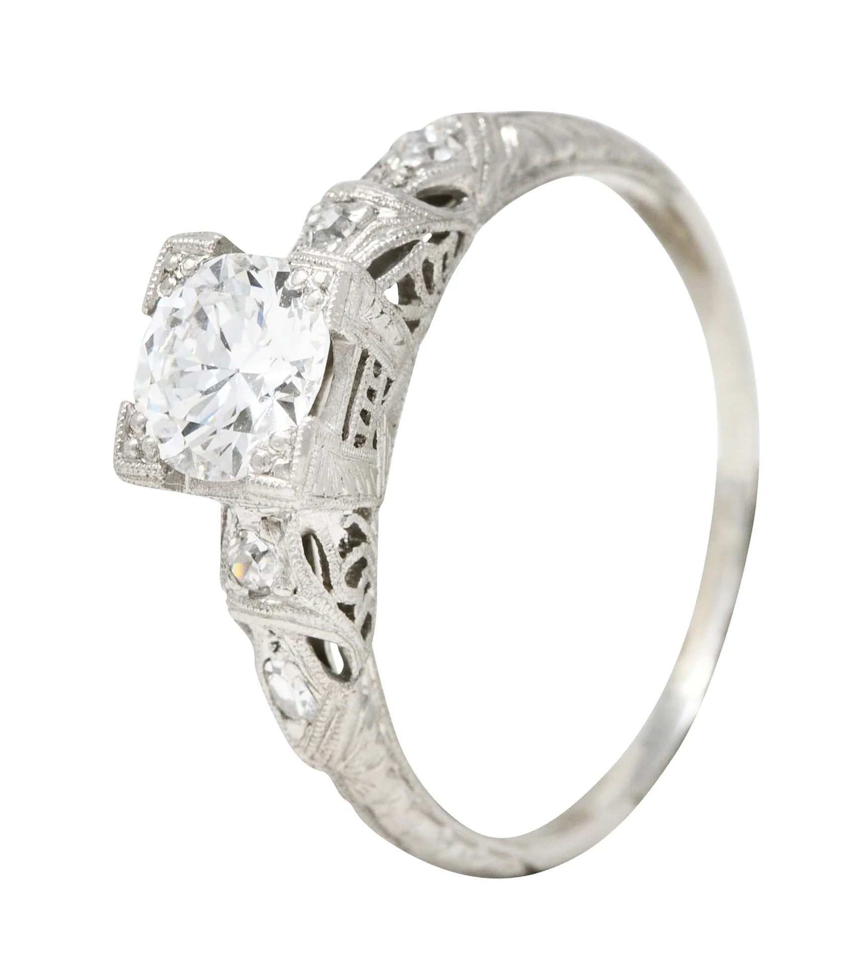 Art Deco Transitional Cut 0.92 CTW Diamond Platinum Square Form Ornate Engagement Ring - Image 9