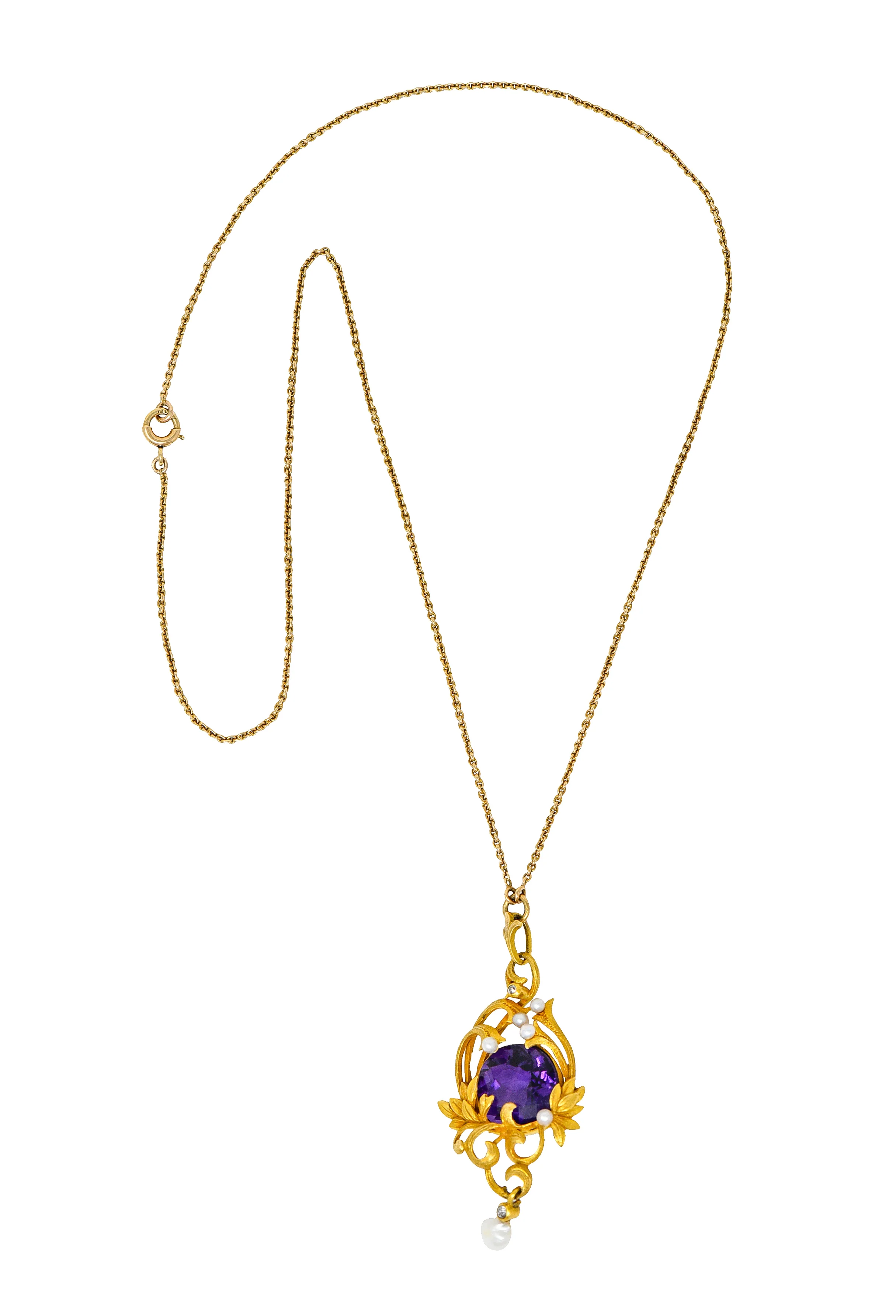 Art Nouveau 14 Karat Gold Amethyst Diamond Pearl Foliate Drop Pendant Necklace - Image 2