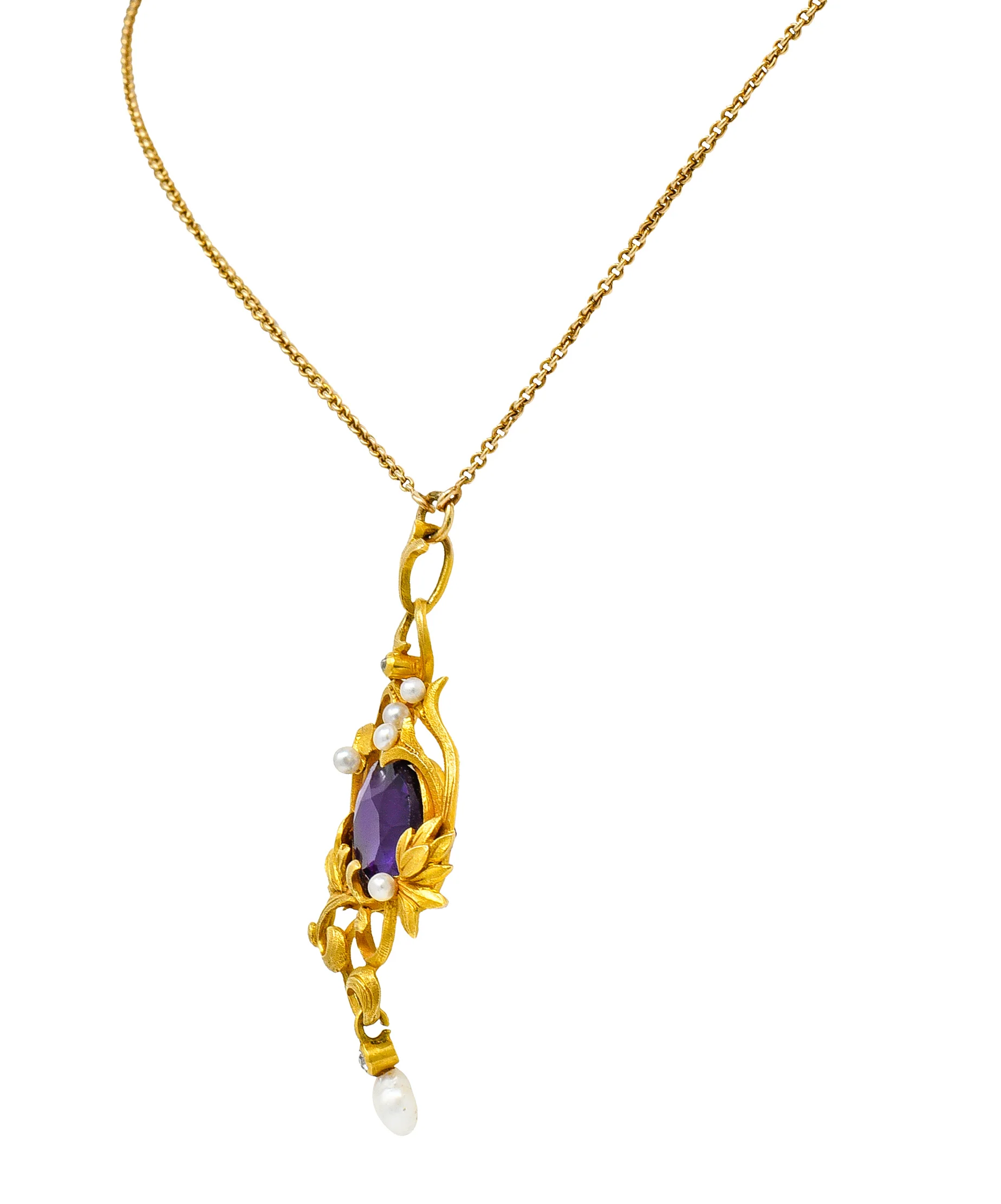 Art Nouveau 14 Karat Gold Amethyst Diamond Pearl Foliate Drop Pendant Necklace - Image 6
