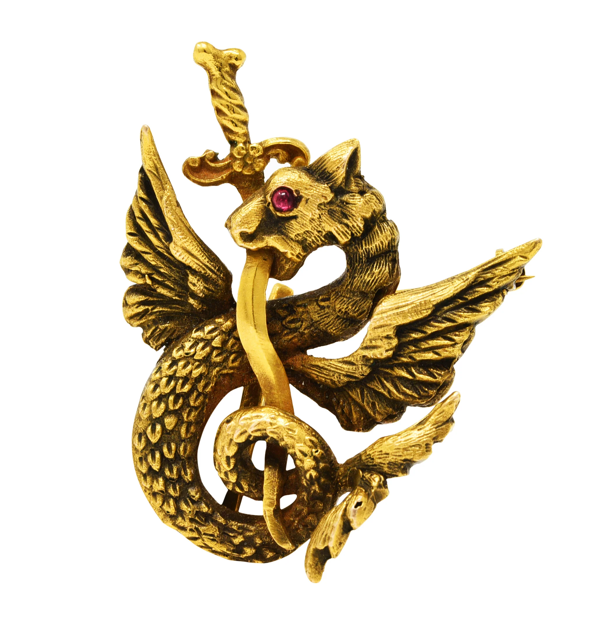 Art Nouveau 14 Karat Gold Dragon Serpent Watch Pin Brooch