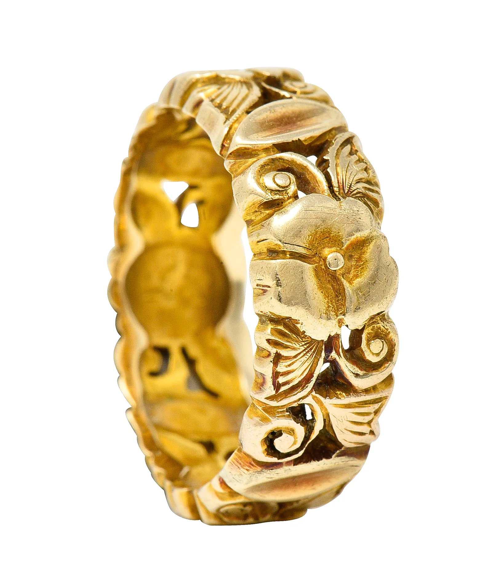 Art Nouveau 14 Karat Yellow Gold Pansy Antique Floral Eternity Band Ring - Image 7