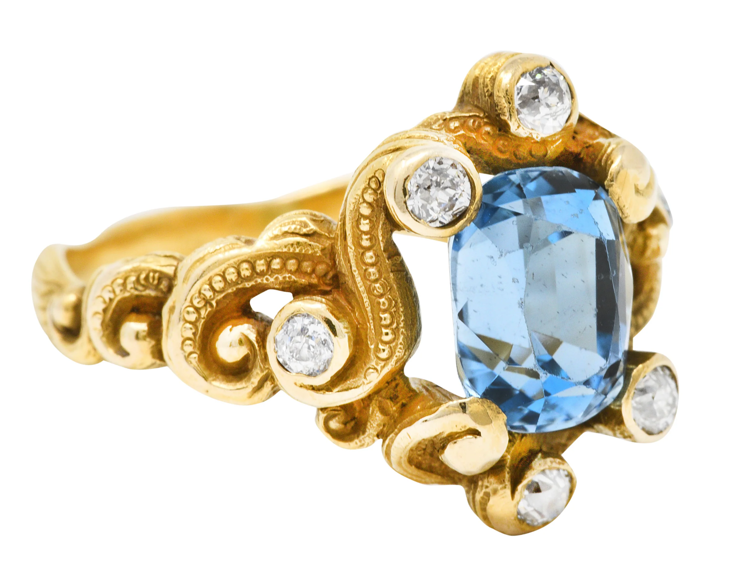 Art Nouveau 2.00 CTW Aquamarine Diamond 14 Karat Gold Whiplash Ring - Image 2