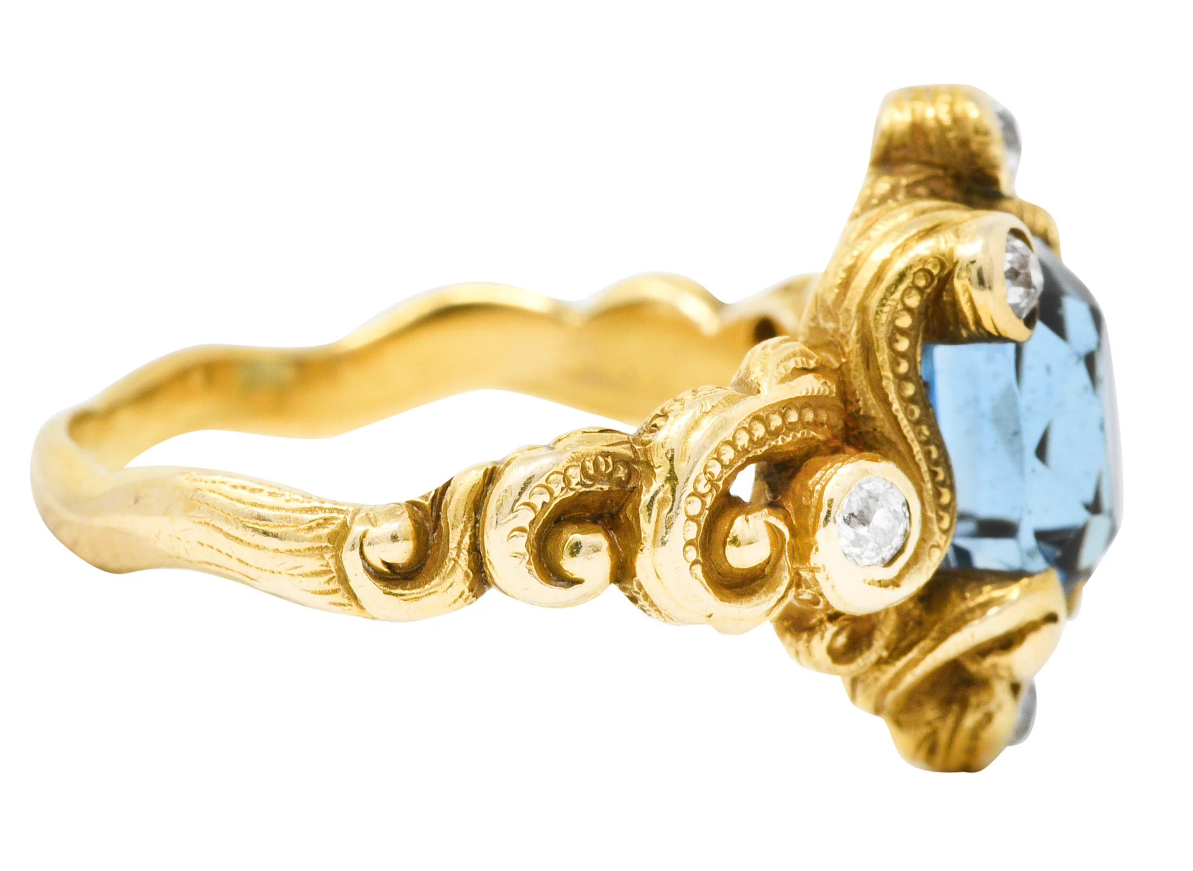 Art Nouveau 2.00 CTW Aquamarine Diamond 14 Karat Gold Whiplash Ring - Image 3