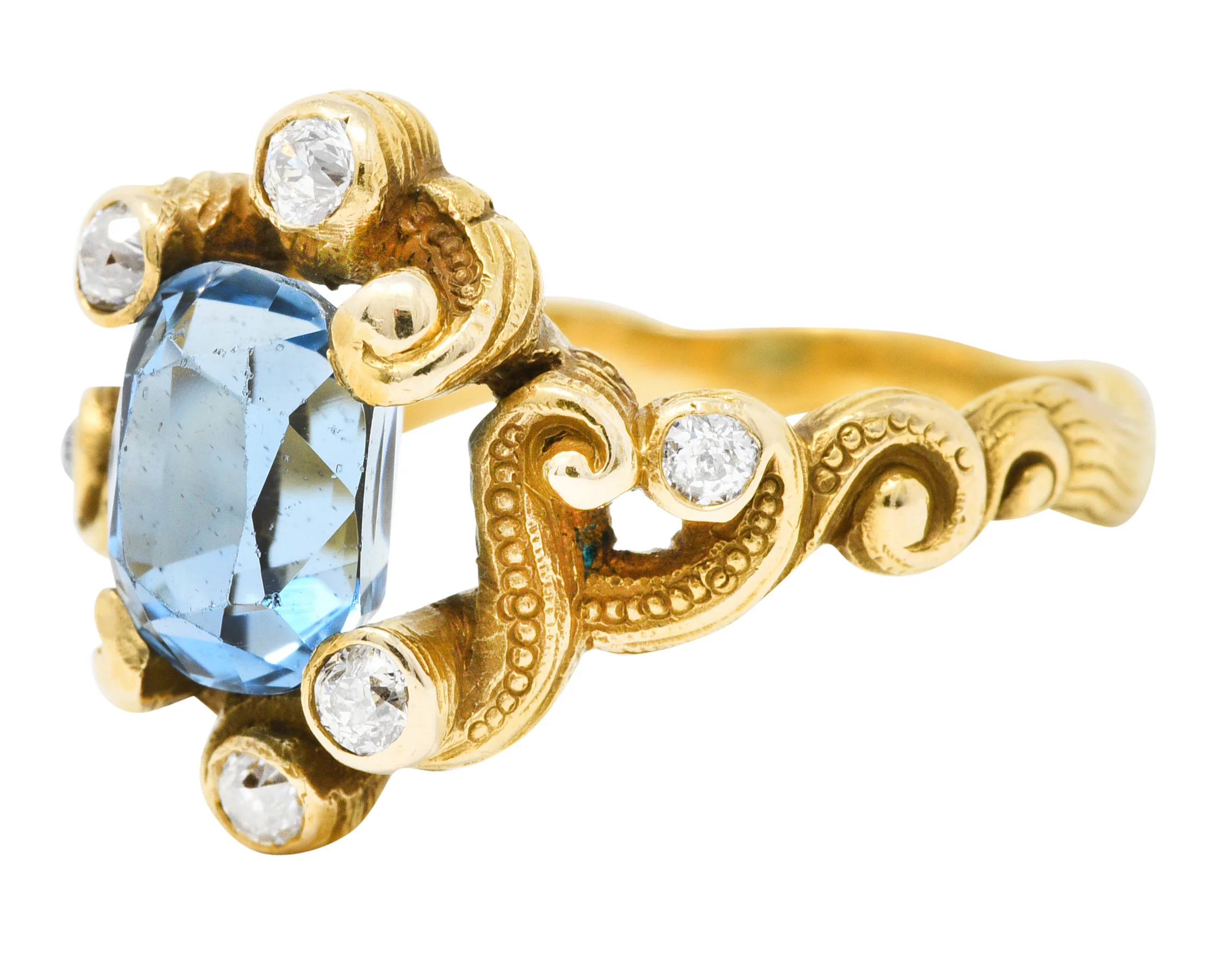 Art Nouveau 2.00 CTW Aquamarine Diamond 14 Karat Gold Whiplash Ring - Image 5