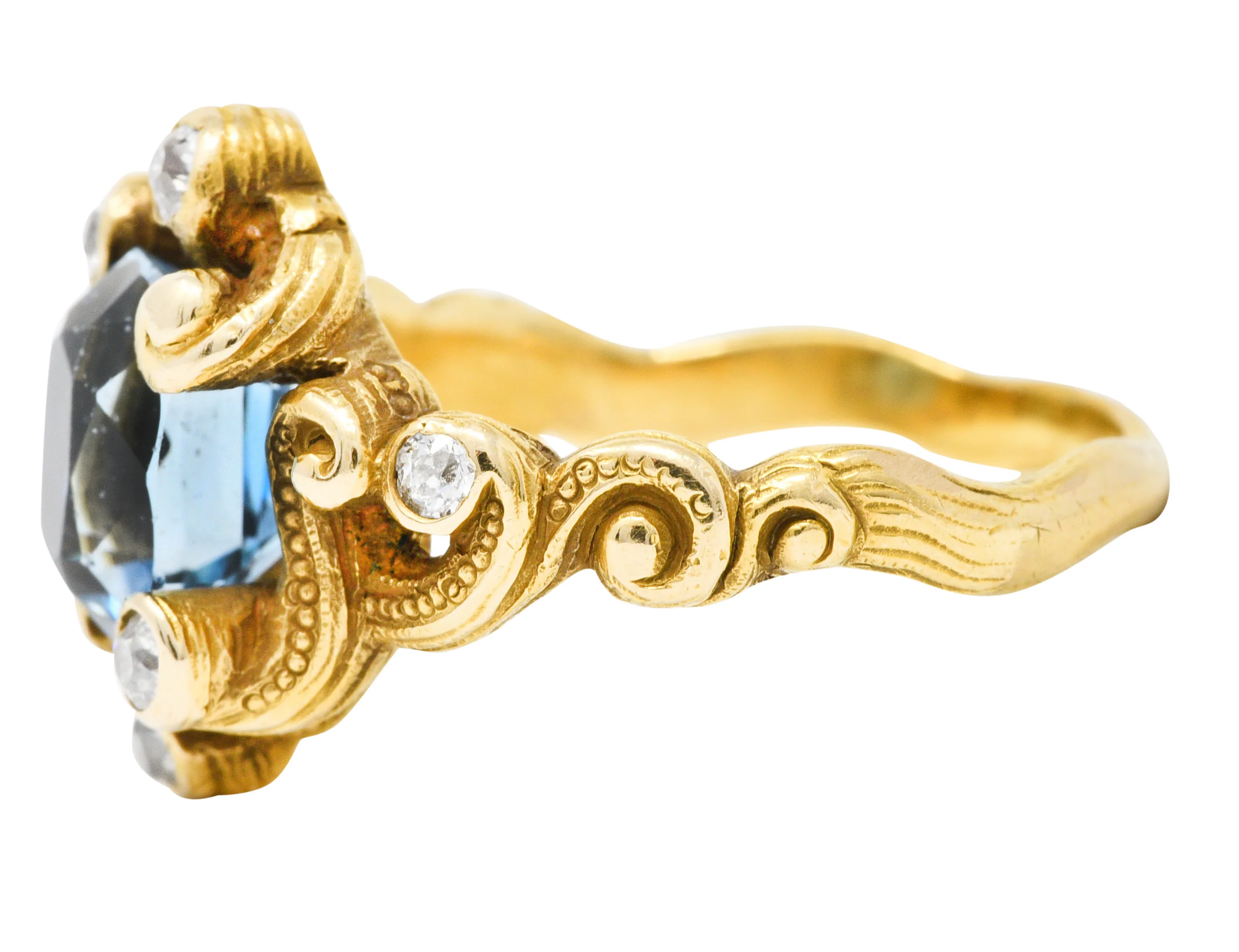 Art Nouveau 2.00 CTW Aquamarine Diamond 14 Karat Gold Whiplash Ring - Image 6
