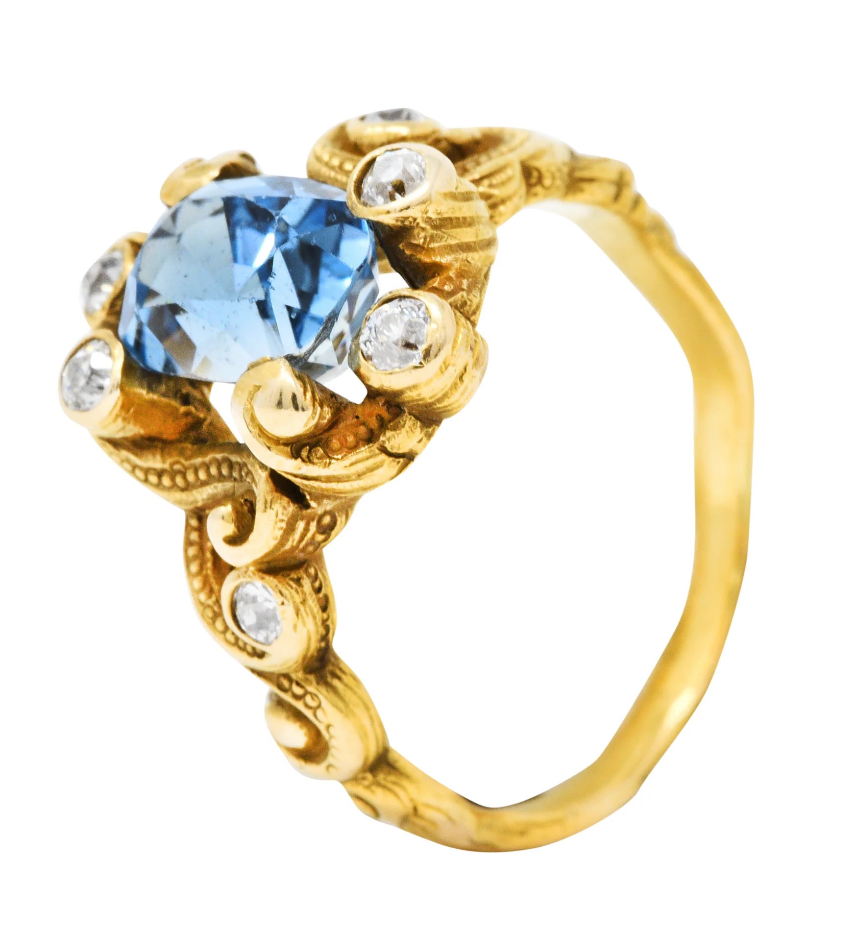 Art Nouveau 2.00 CTW Aquamarine Diamond 14 Karat Gold Whiplash Ring - Image 8